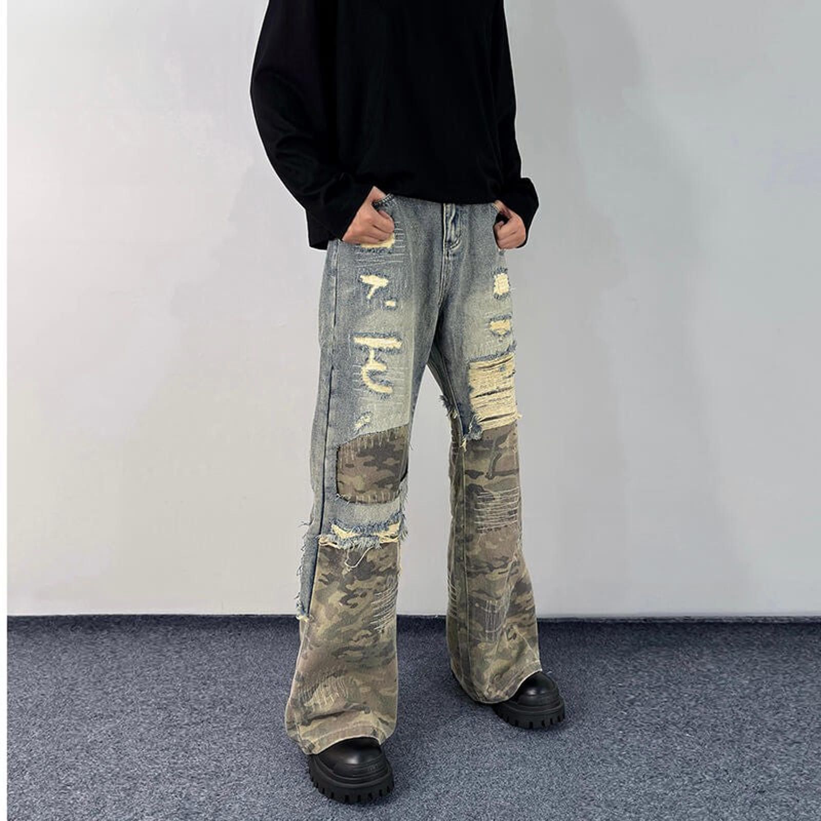 Vintage Distressed Camo Patchwork Flared Straight Leg Jeans Size US 32 / EU 48 - 2 Thumbnail