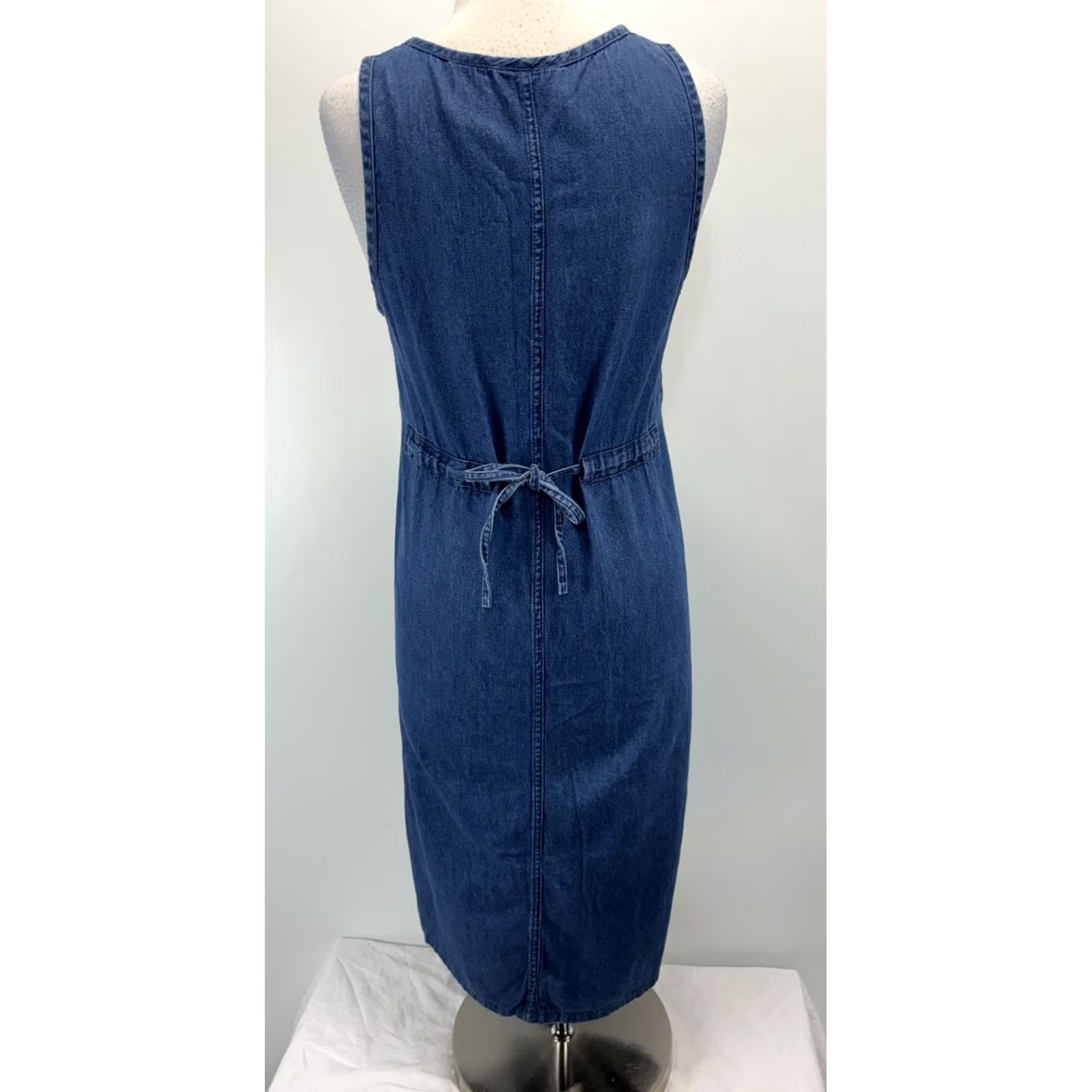 Vintage VINTAGE Erika & Co Denim Jumper Midi Dress Women's S Blue Floral Embroidered Cottage 90s Modest Back Tie Sleeveless Round Neck Casual Womens Size S / US 4 / IT 40 - 3 Thumbnail