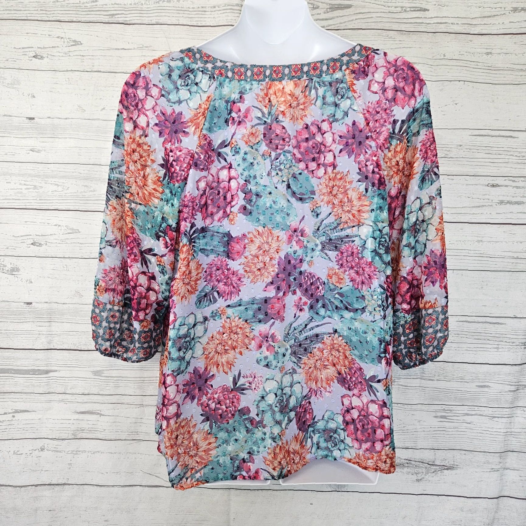 Pinko Fig & Flower Women Top 2X Pink Teal Floral 3/4 Sleeve Sheer Blouse Shirt Womens Plus Size Size XXL / US 16-18 / IT 52-54 - 3 Thumbnail