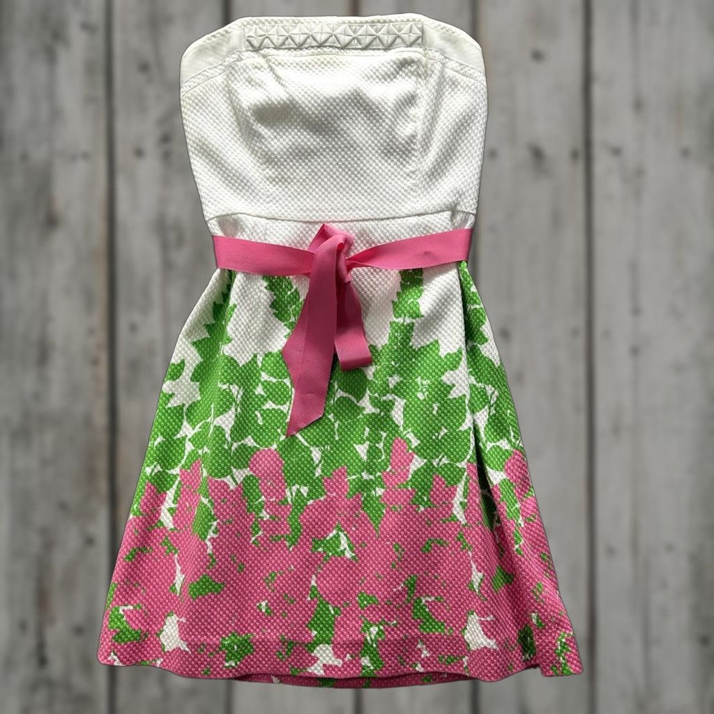 Lilly Pulitzer Dress Womens 4 Strapless Floral Jacquard Pink Green White Preppy Dress Short Sleeveless Sweetheart Neckline Zip
