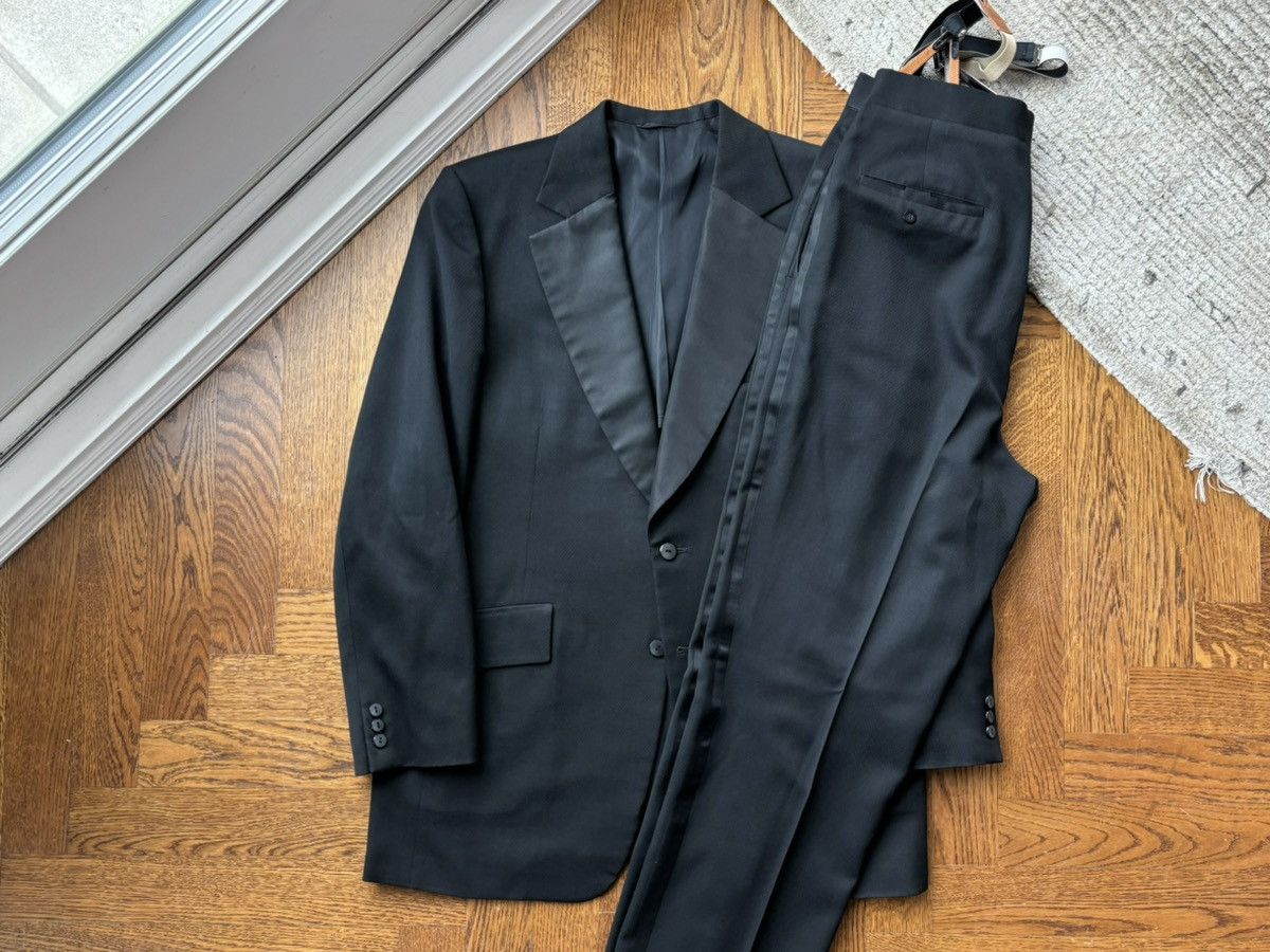 Vintage 1970s Two Piece Suit Vintage Suspender Pants Satin Lapel Size 50R - 16 Thumbnail