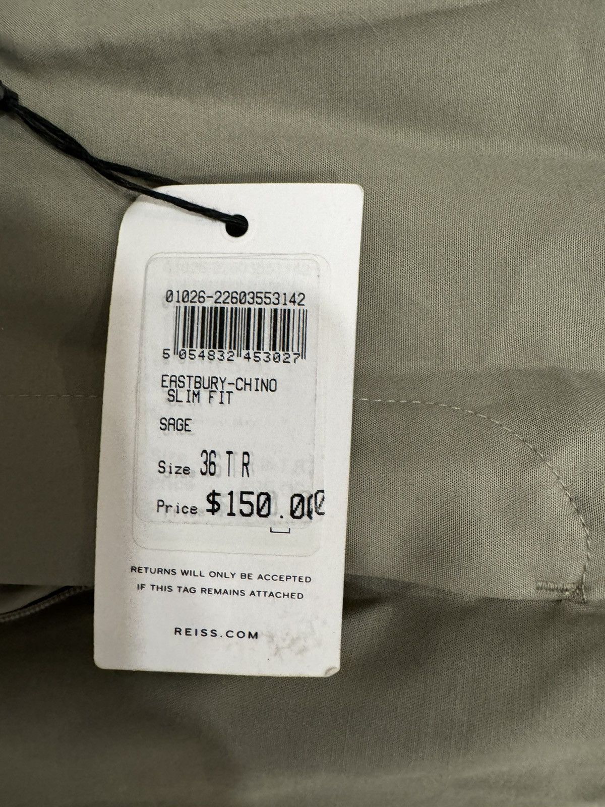 Reiss NEW Men’s Reiss Eastbury Slim Chino Pant Sage 36 Waist Size 36R - 3 Thumbnail