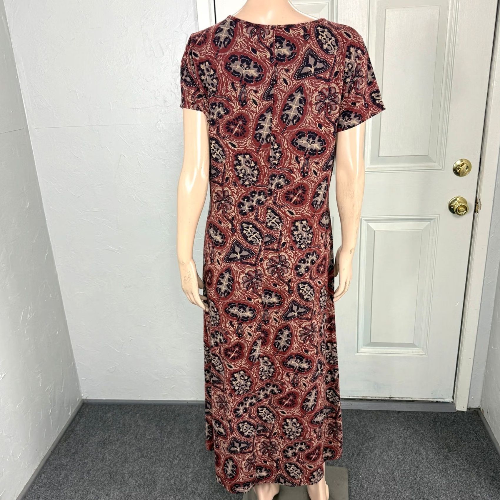 Vintage Peruvian Connection Dress Women L Pima Cotton Floral S/S Stretch Round Neck Midi Size L / US 10 / IT 46 - 4 Thumbnail