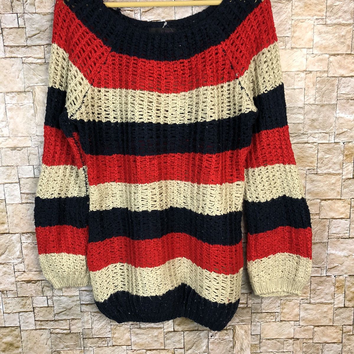 Homespun Knitwear Clumzy Stripe Red crochet meshnet vintage Knitwear #A489 Size M / US 6-8 / IT 42-44 - 3 Thumbnail