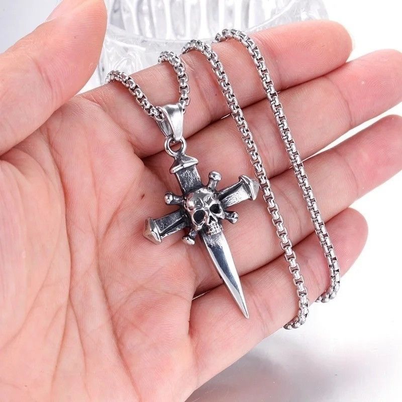 Jewelry New Trendy Skull Dagger Cross Pendant Necklace Size ONE SIZE - 1 Thumbnail