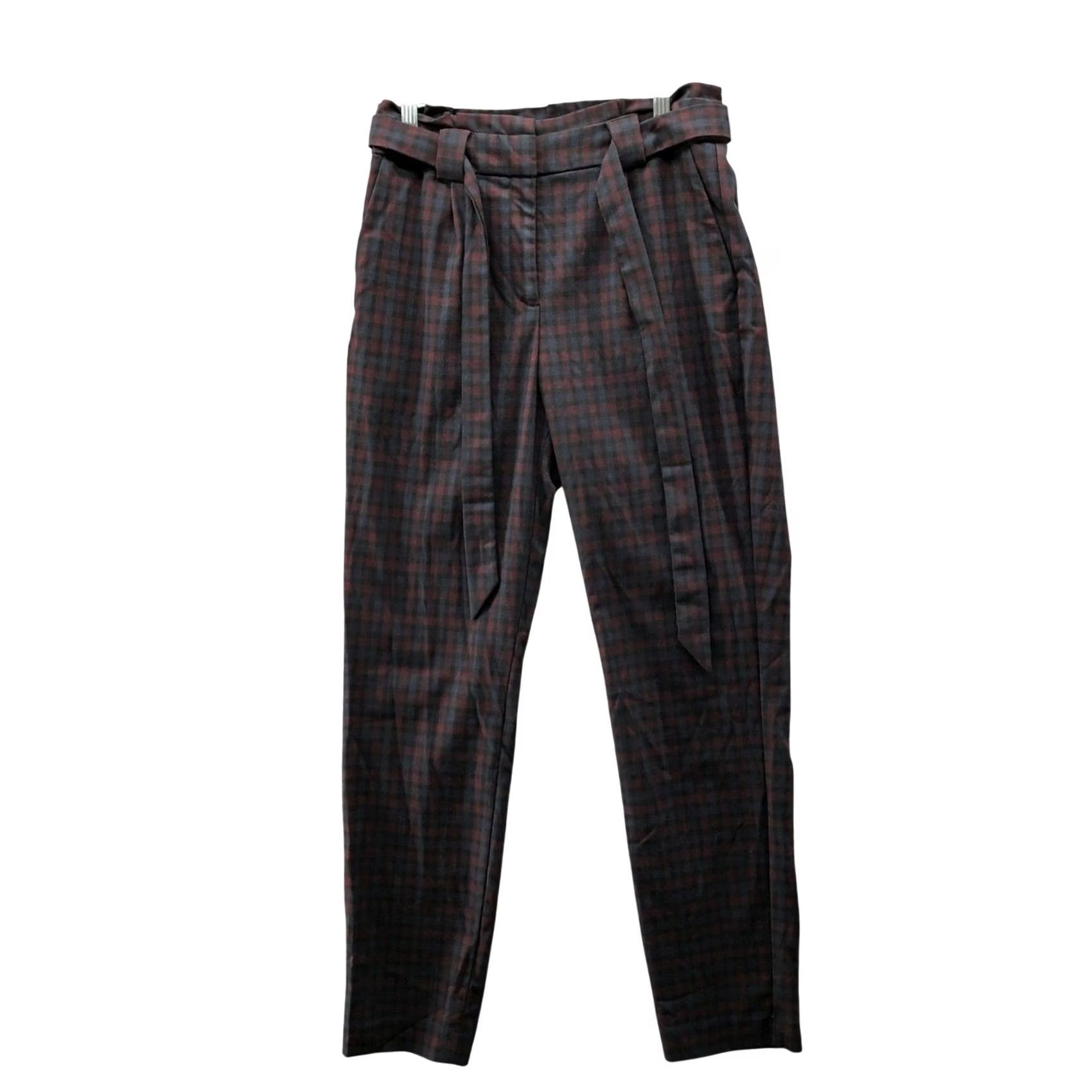 Express Express Dress Pants Womens 8 Tall Plaid Burgundy Navy Tie Waist High Rise Ankle Trimmed Pockets Belted Workwear Pants Size 30" / US 8 / IT 44 - 2 Thumbnail