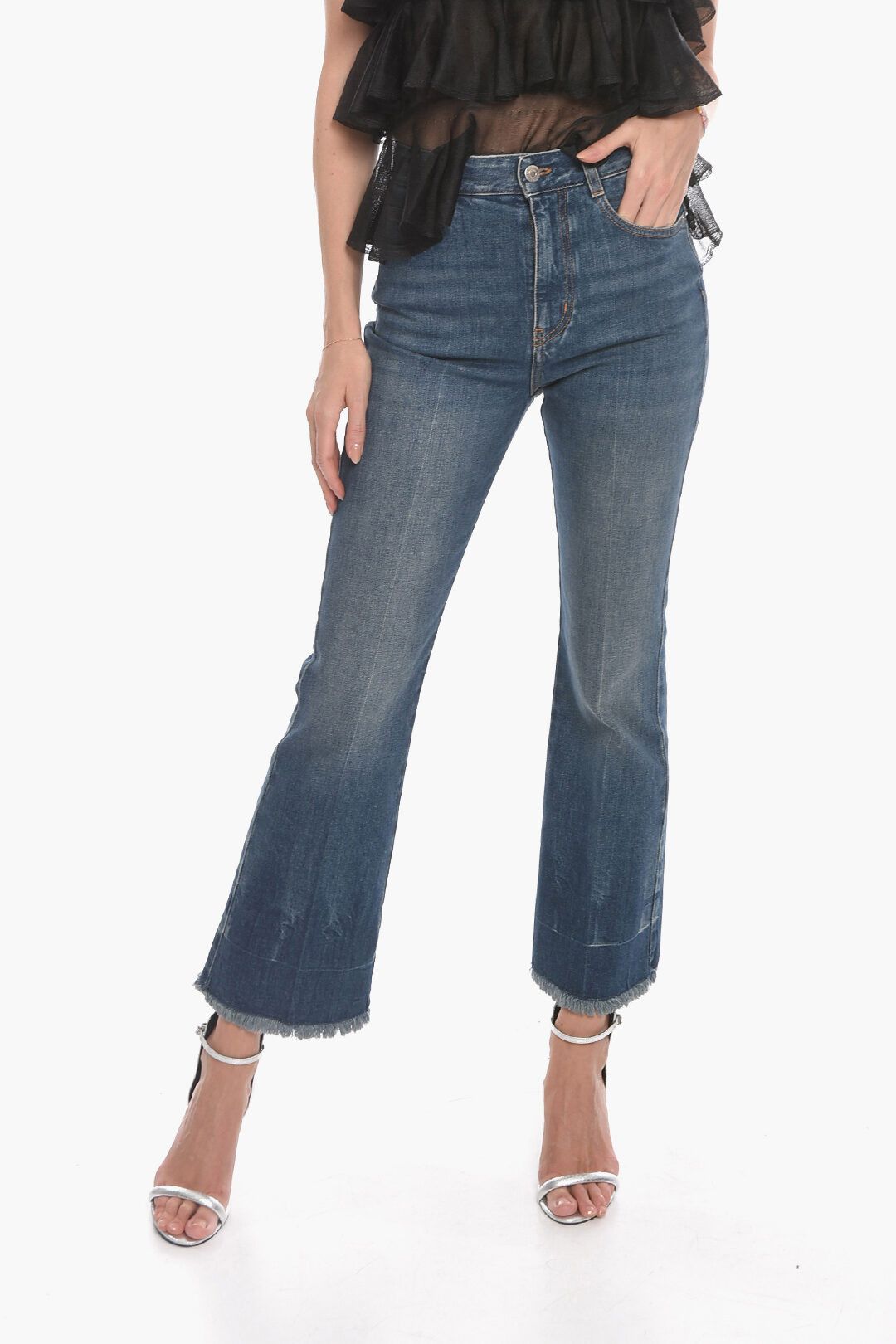 Stella McCartney og1mm0824 Fringed Flared Denims With Logo Patch in Blue Size 30" / US 8 / IT 44 - 1 Thumbnail