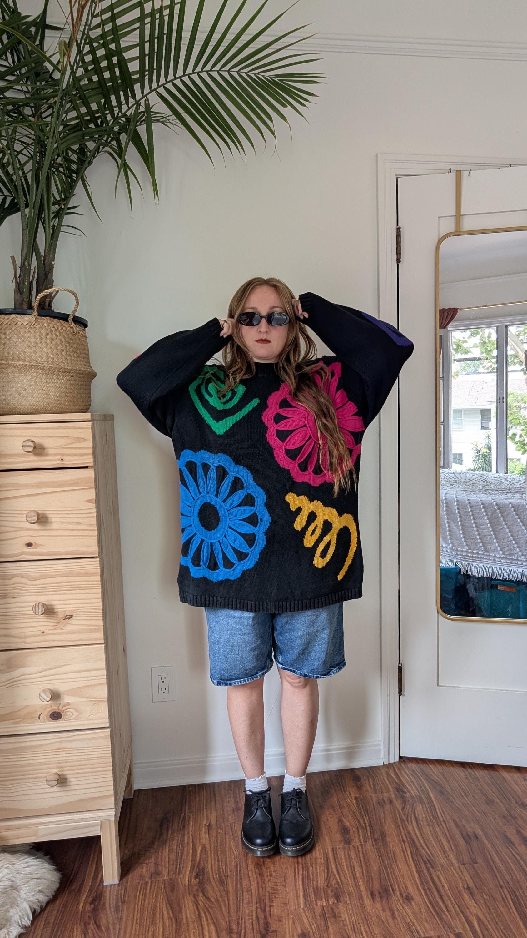 Vintage 80s/90s Black Funky Flower Knit Sweater