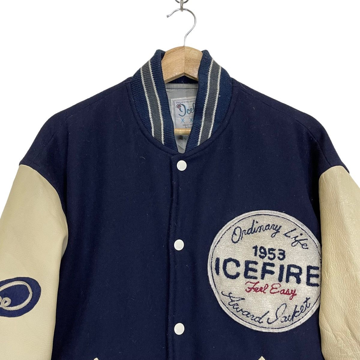 Vintage Ice Fire Ordinary Life Wool / Sleeve Leather Varsity Jacket Size US M / EU 48-50 / 2 - 7 Thumbnail