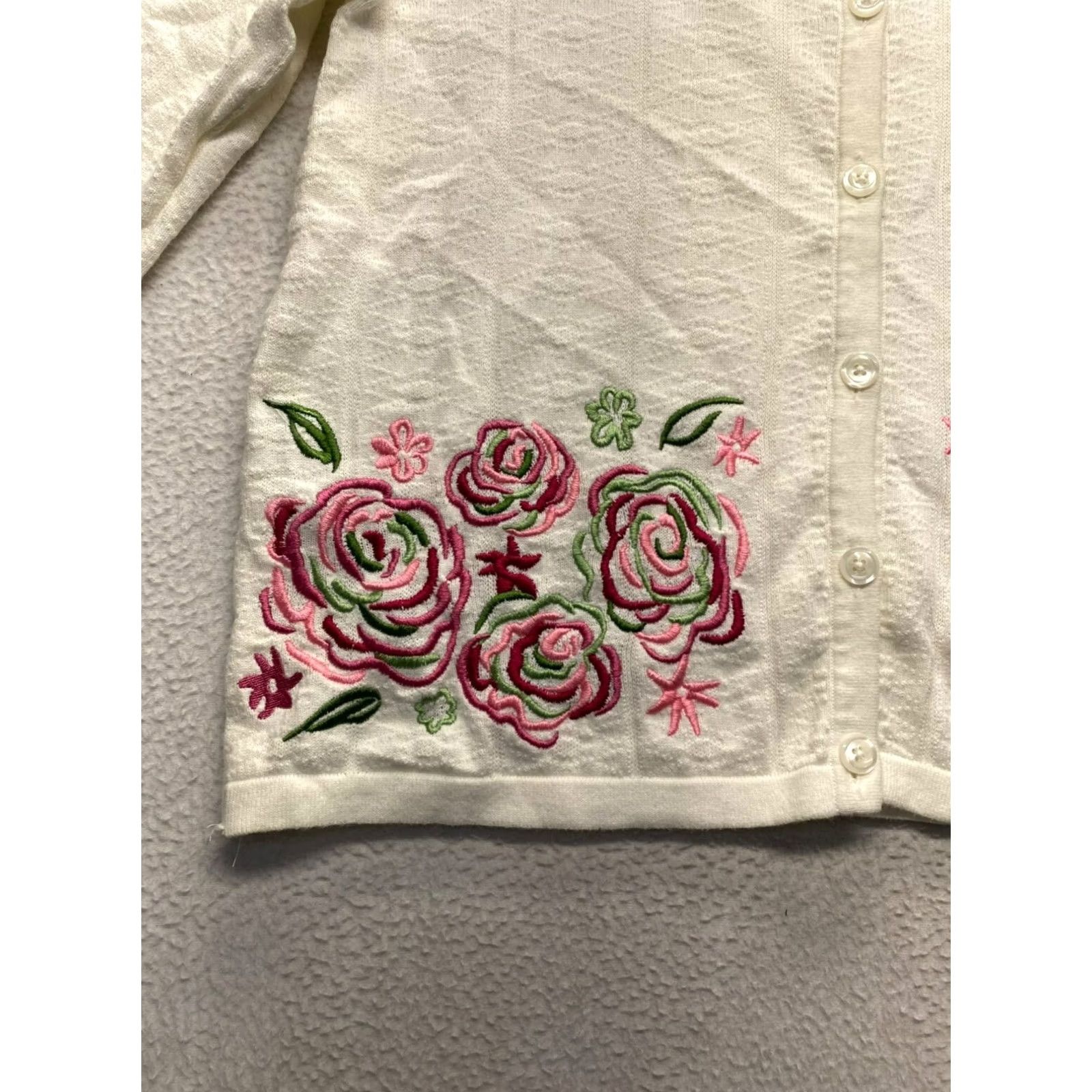 Vintage Breckenridge Cardigan Women's Petite Floral Embroidered Button-Up Sweater PL Cream Size L / US 10 / IT 46 - 3 Thumbnail