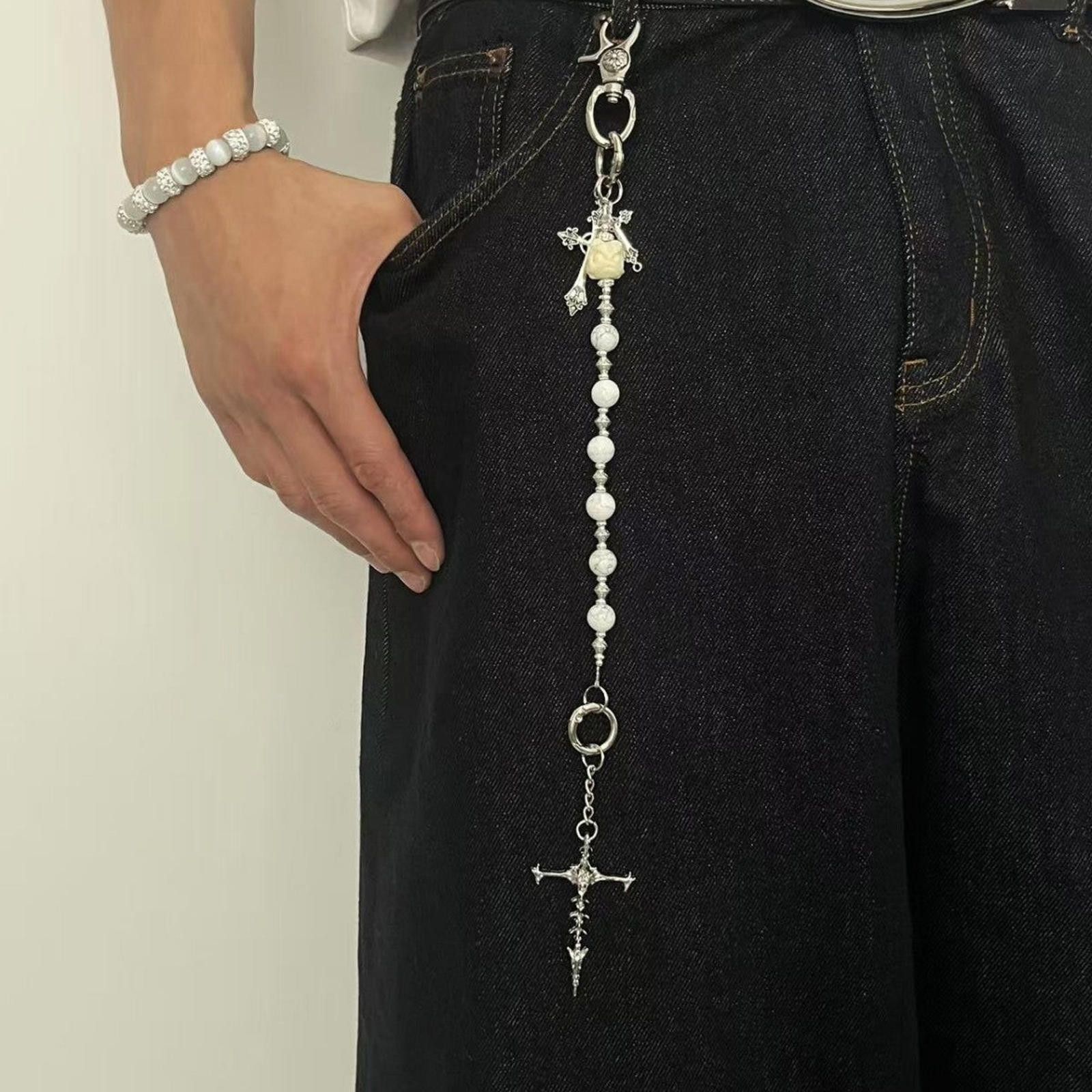Jewelry Silver Cross Charm Keychains with Beaded Detail Size ONE SIZE - 2 Thumbnail