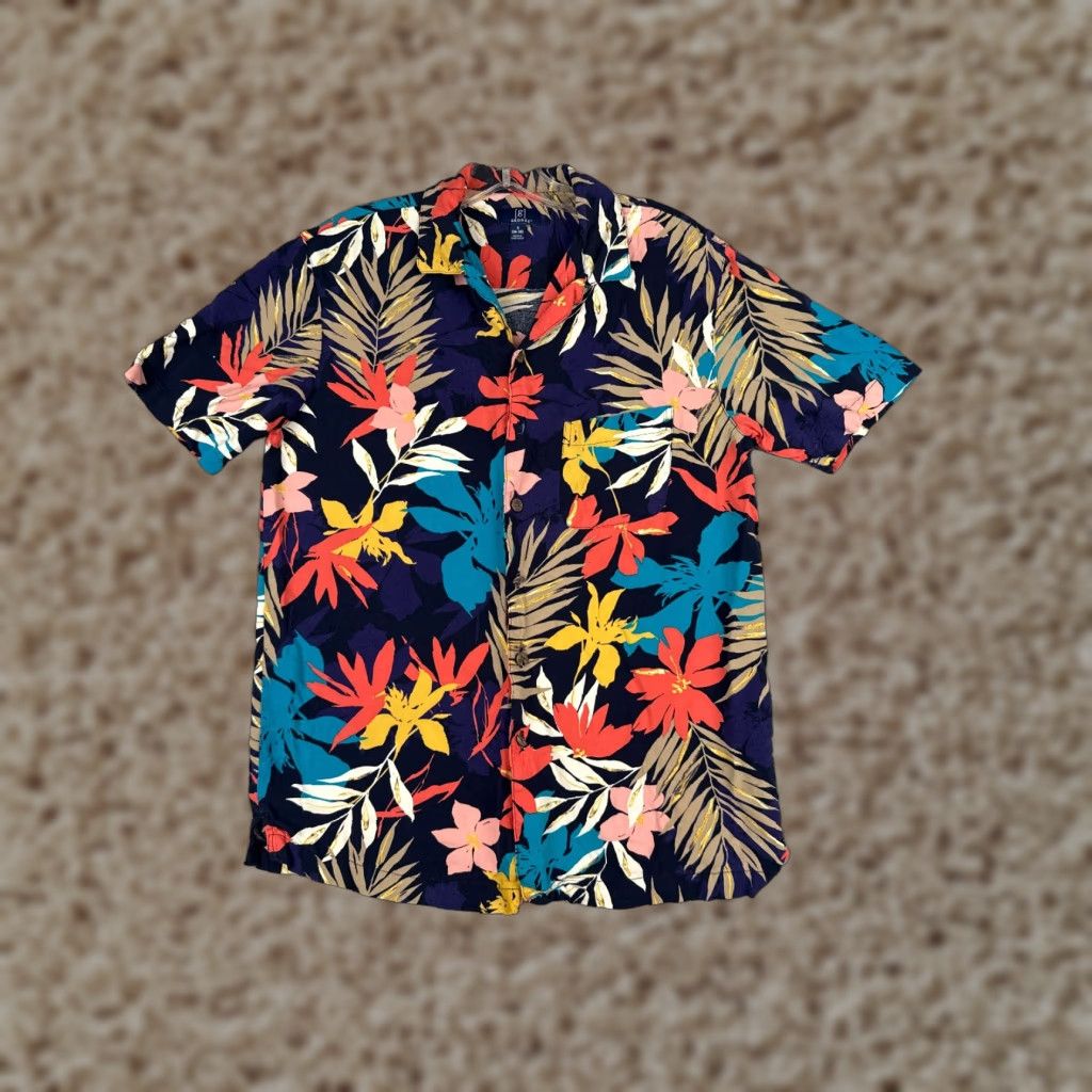 George George Shirt Men Small Blue Floral Palm Leaf Print Hawaiian 100% Rayon Pocket Short Sleeve Button-Up Mens Size US S / EU 44-46 / 1 - 1 Thumbnail