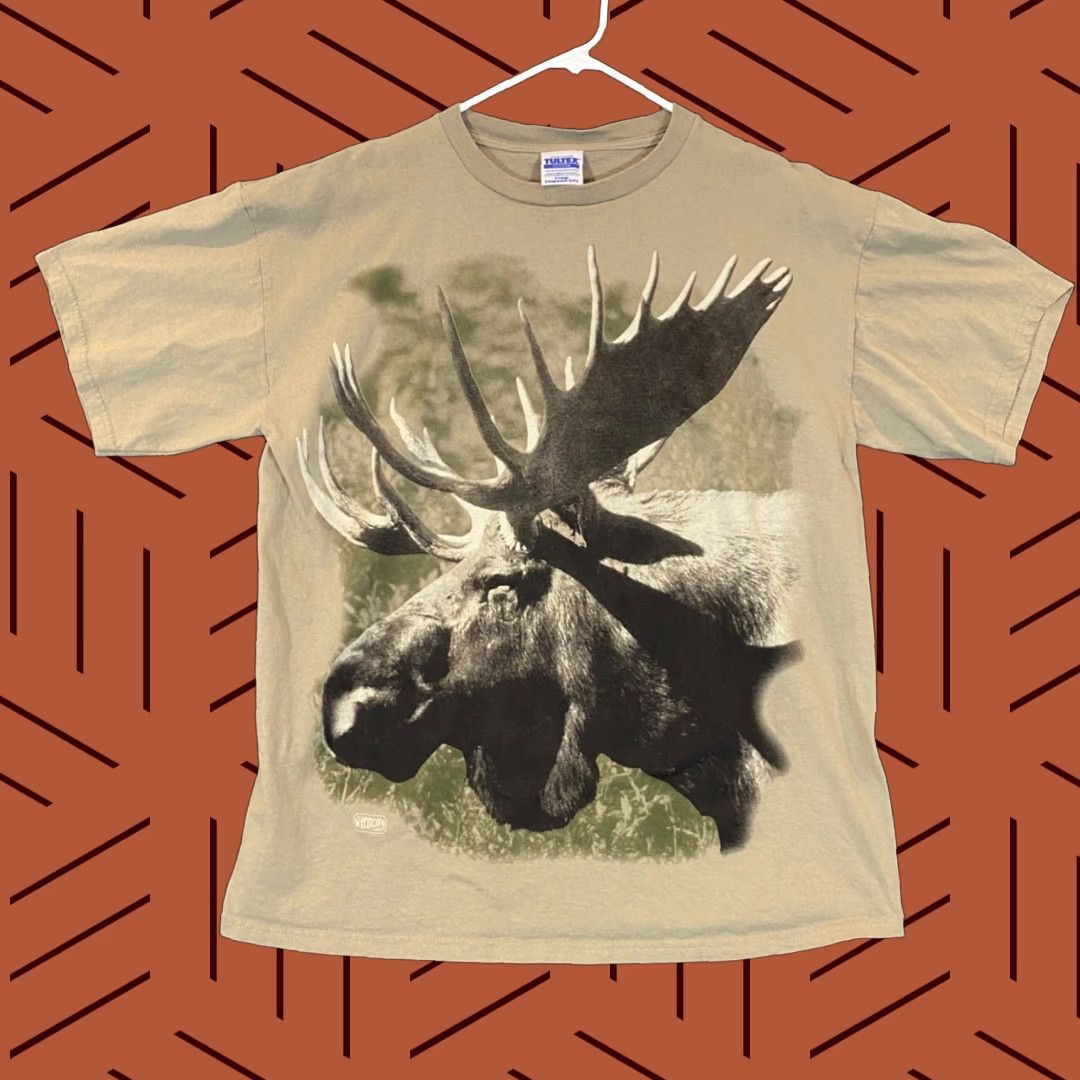 Tultex VINTAGE Moose Shirt Mens XL Brown All Over AOP Graphic Tee Short Sleeve Nature Tultex 90s Mens Shirt Size US XL / EU 56 / 4 - 1 Thumbnail
