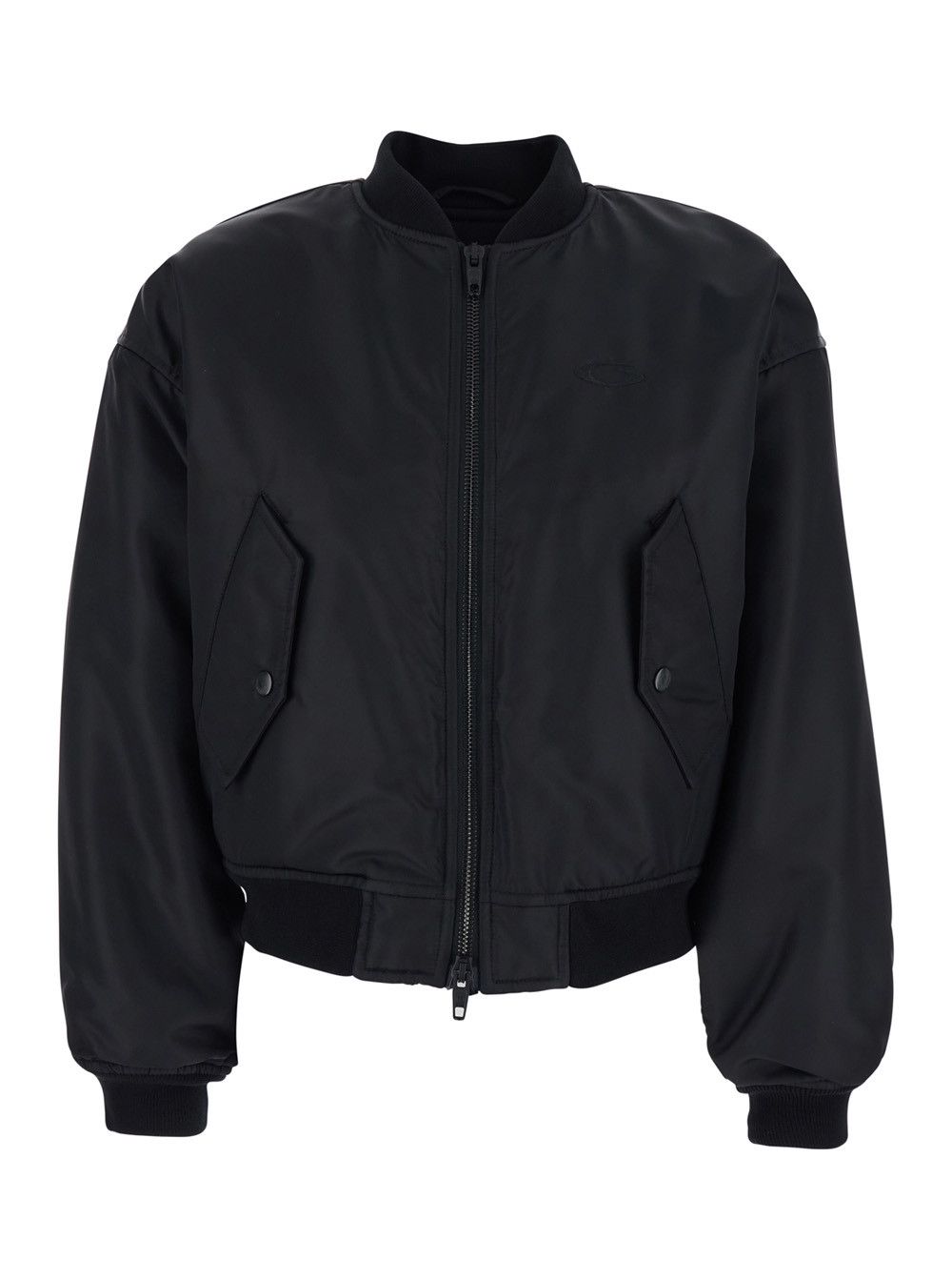 black bomber jacket with stand-up collar and two side pockets in tech fabric woman
