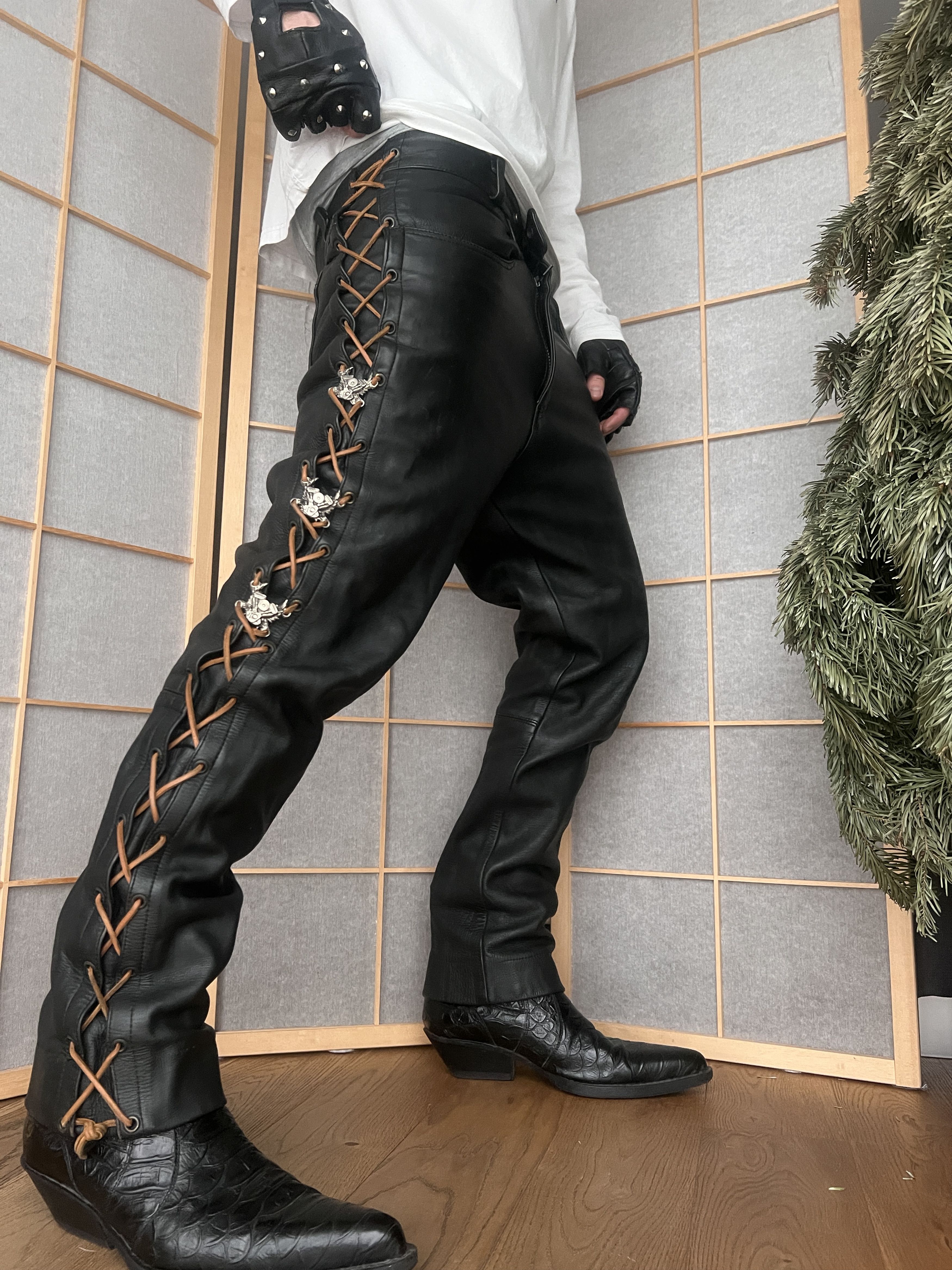 Hysteric Glamour SICK! Real leather vtg lace up pants cowboy core opium biker Size US 34 / EU 50 - 1 Thumbnail