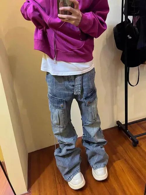 image of Heavy-Duty Washed Distressed Pocket Cargo Straight-Leg Jeans in Blue, Men's (Size 32)