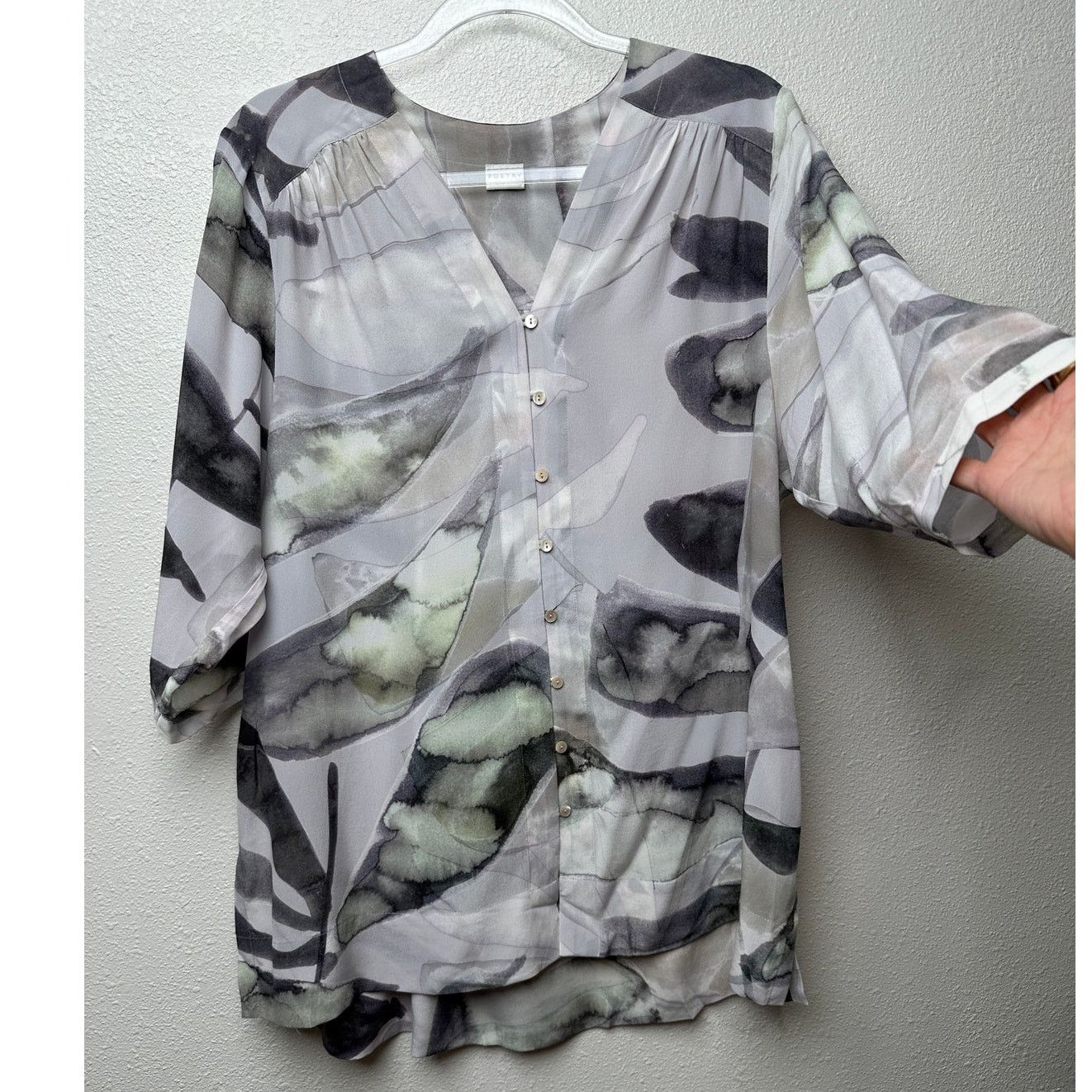 Other Poetry 100% Silk Blouse Gray Green Ivory Womens US 10 V Neck Size L / US 10 / IT 46 - 3 Thumbnail