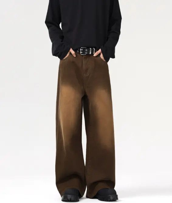 Japanese Brand Men's washed brown distressed retro straight wide-leg jeans Size US 32 / EU 48 - 2 Thumbnail