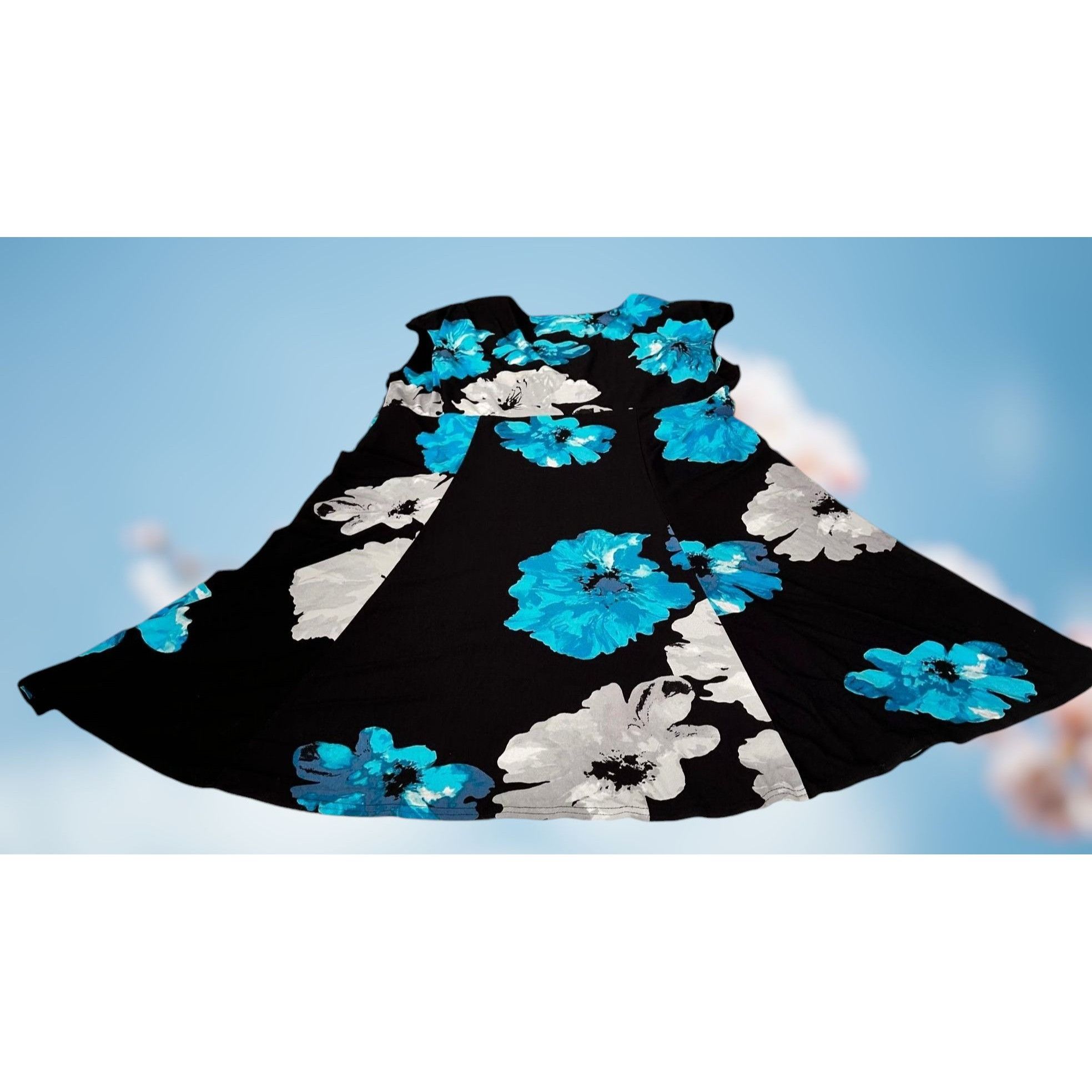 Vintage VTG Jones Studio Woman Blue Floral Dress 20W Black Sleeveles Size 3XL / US 20-22 - 6 Thumbnail