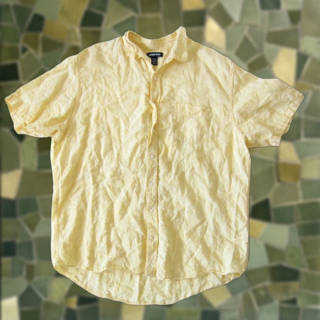Lands' End Lands' End 100% Linen Yellow Button Up Short Sleeve Traditional Fit Shirt XL/T Mens Shirt Size US XL / EU 56 / 4 - 1 Thumbnail