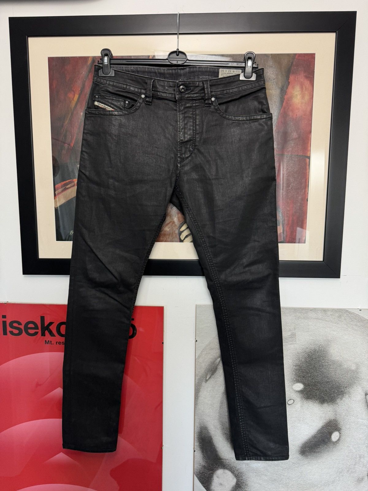Diesel Industry Black Waxed Slim Skinny Denim Pant Rock Roll