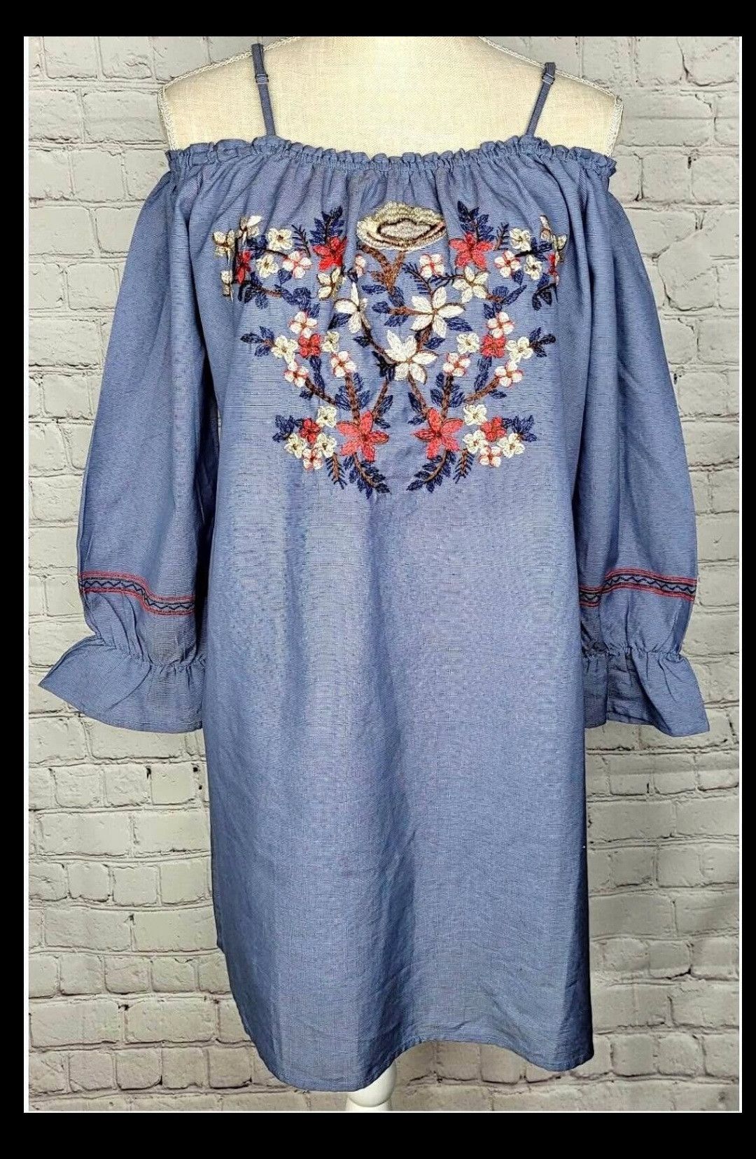 Other Floral embroidered chambray boho style dress (size PL) Size L / US 10 / IT 46 - 1 Thumbnail