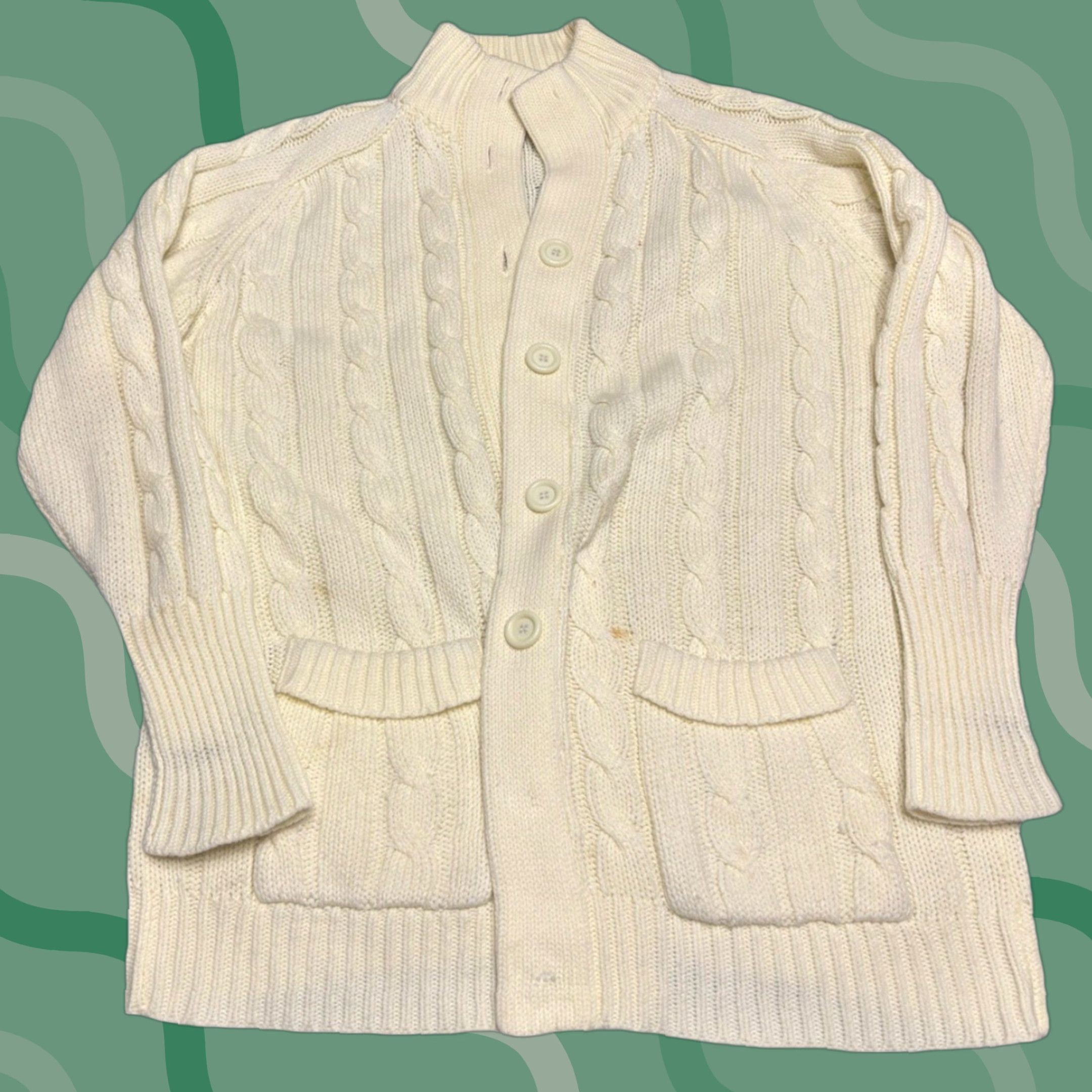 Sears VINTAGE Sears Cardigan Mens L Creme Cable Knit 70s Sweater Collared Big Collar B6 Size US L / EU 52-54 / 3 - 1 Thumbnail