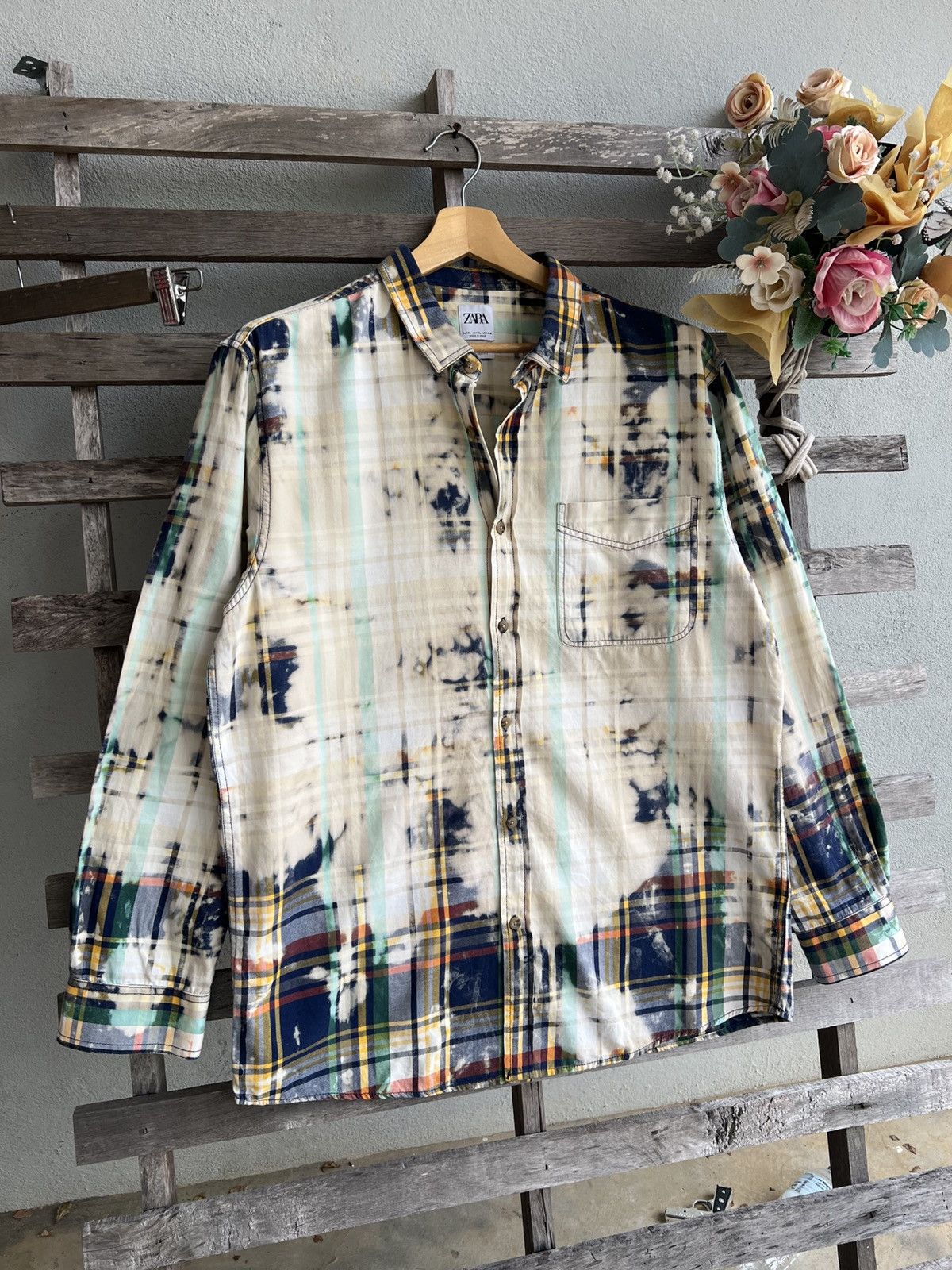 Zara multicoloured checkered shirt with a bleach-dyed finish