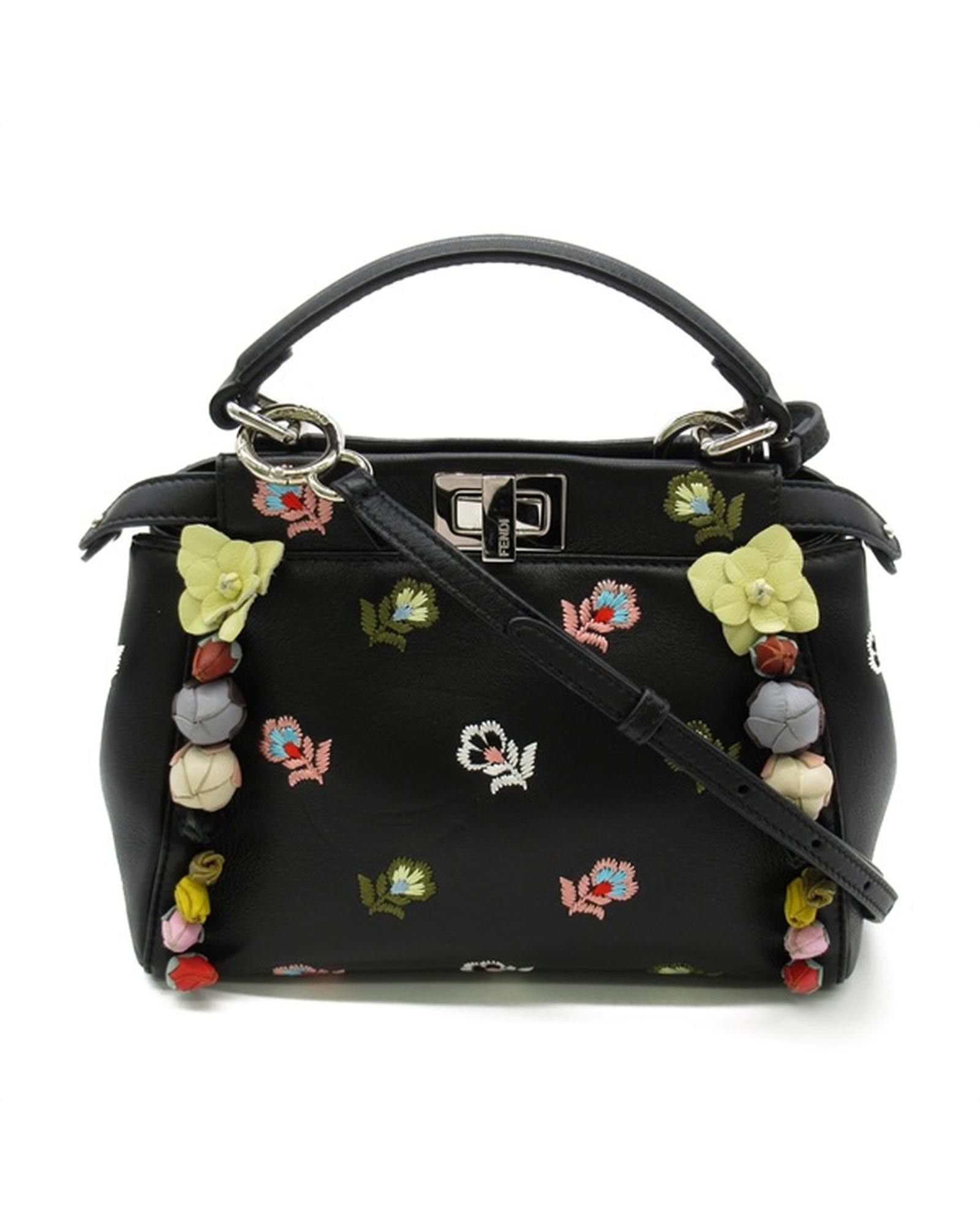 image of Fendi Embroidered Leather Mini Handbag in Black, Women's
