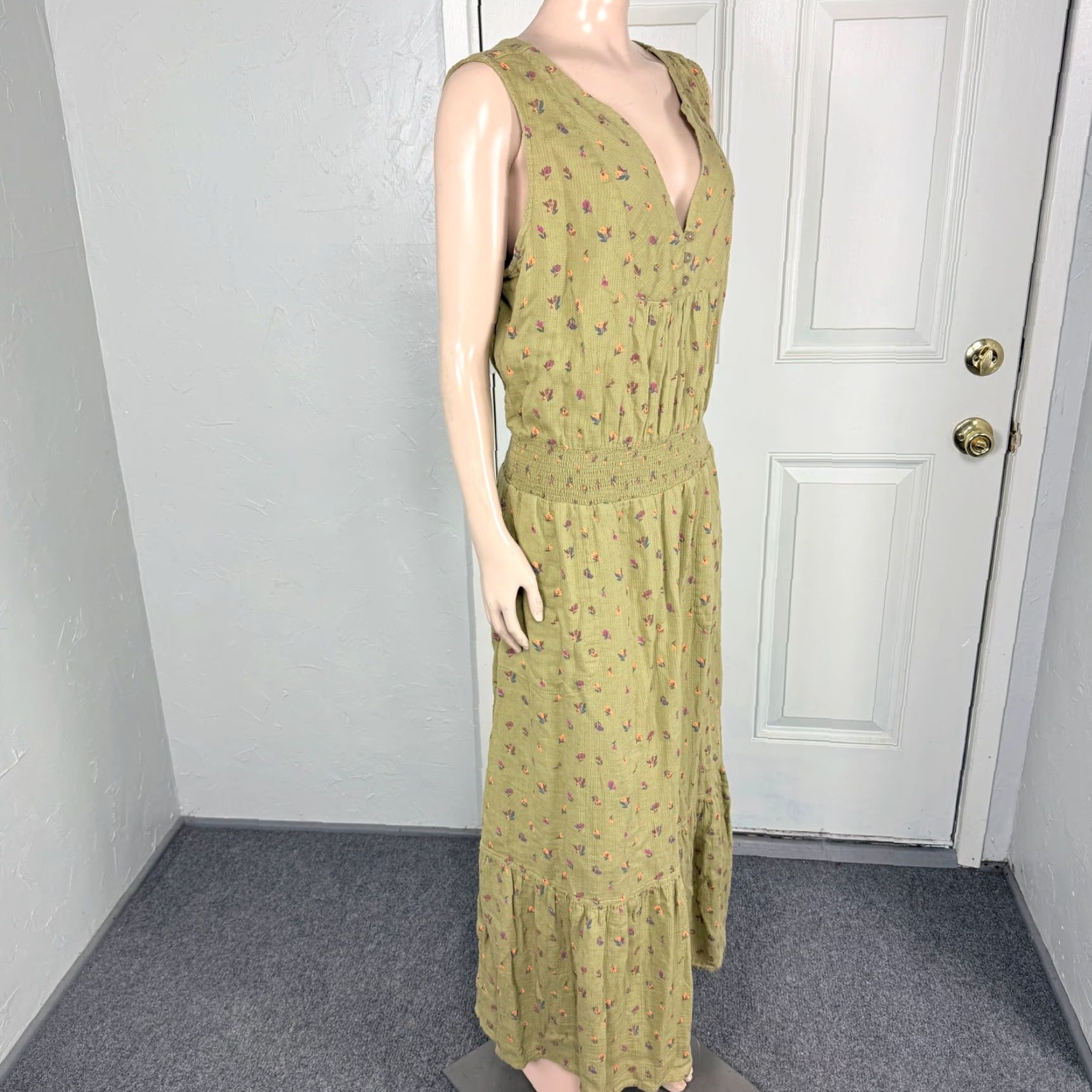 Prana Dress L Floral A-Line Midi 100% Cotton Bohemian Sleeveless V-Neck  Green Summer Womens