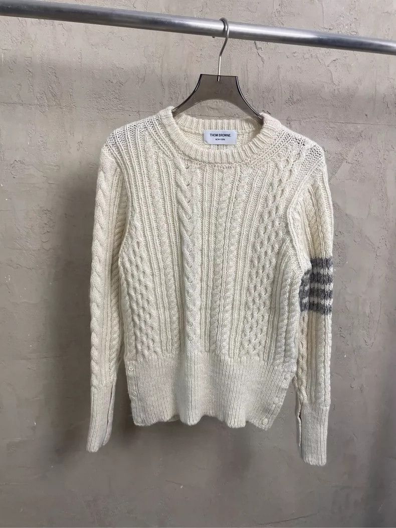 Thom browne Beige four-striped wool round-neck sweater 2504