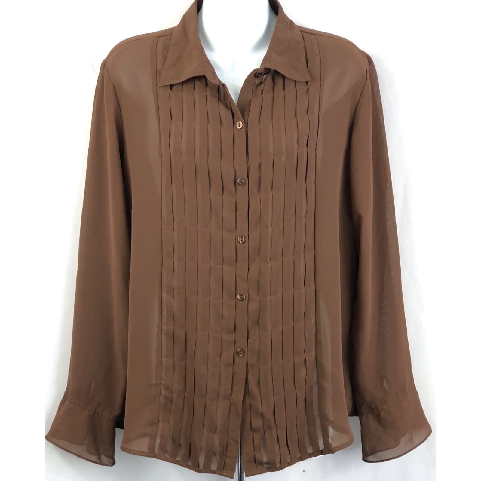 Jordan Brand VINTAGE Jordan Blouse Shirt L Brown Pleated Long Sleeve Flutter Cuffs Collared Career Women's Size L / US 10 / IT 46 - 5 Thumbnail