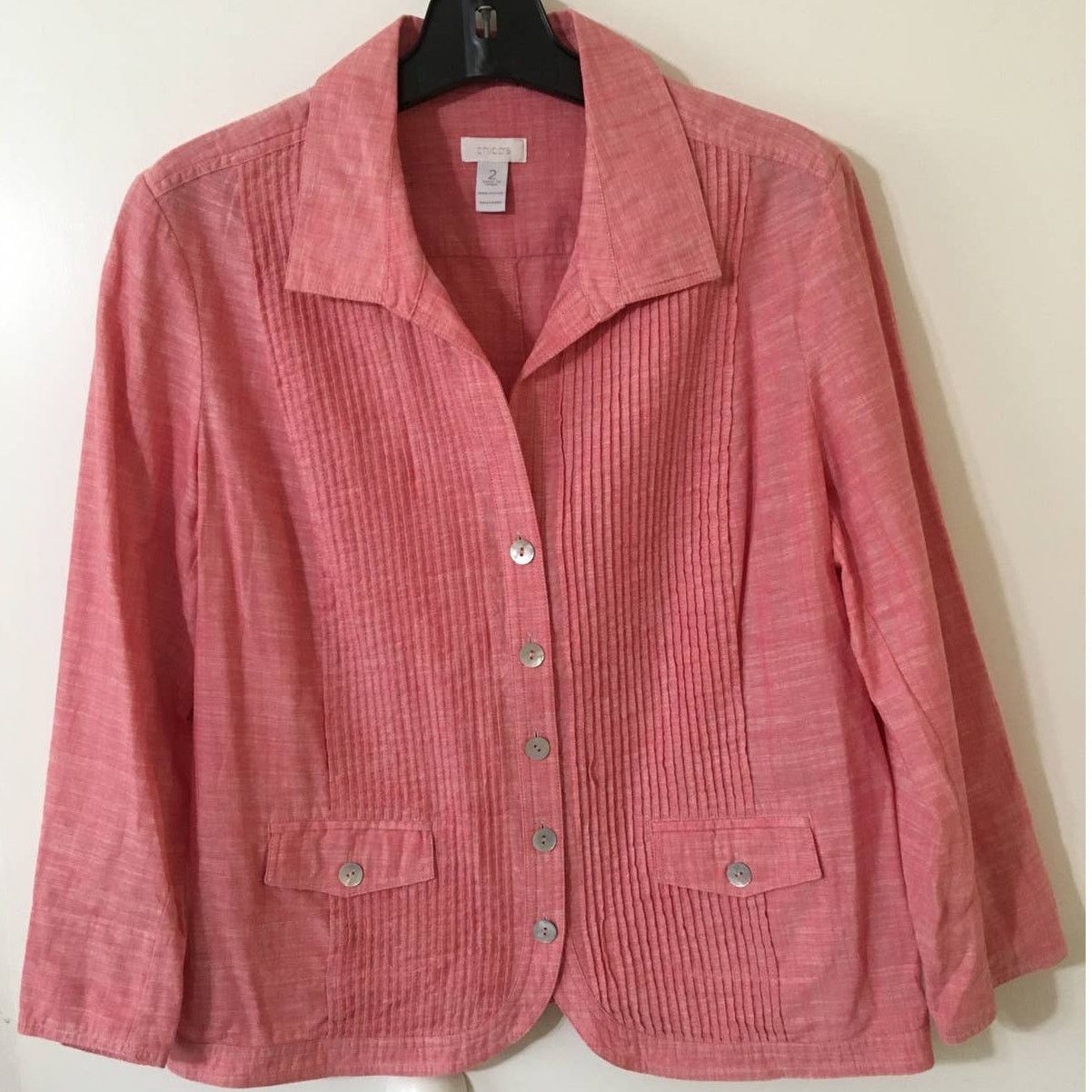 Chicos Chico's Size 2 (L) Cotton Pink Long Sleeve V-neck Jacket Size L / US 10 / IT 46 - 1 Thumbnail