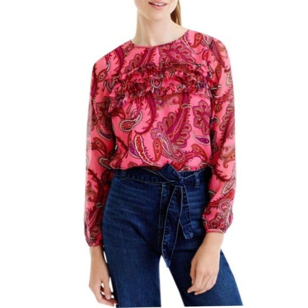 J.Crew J. Crew Ruffle Front Paisley Silk Pink Blouse Size 2 Size XS / US 0-2 / IT 36-38 - 1 Thumbnail