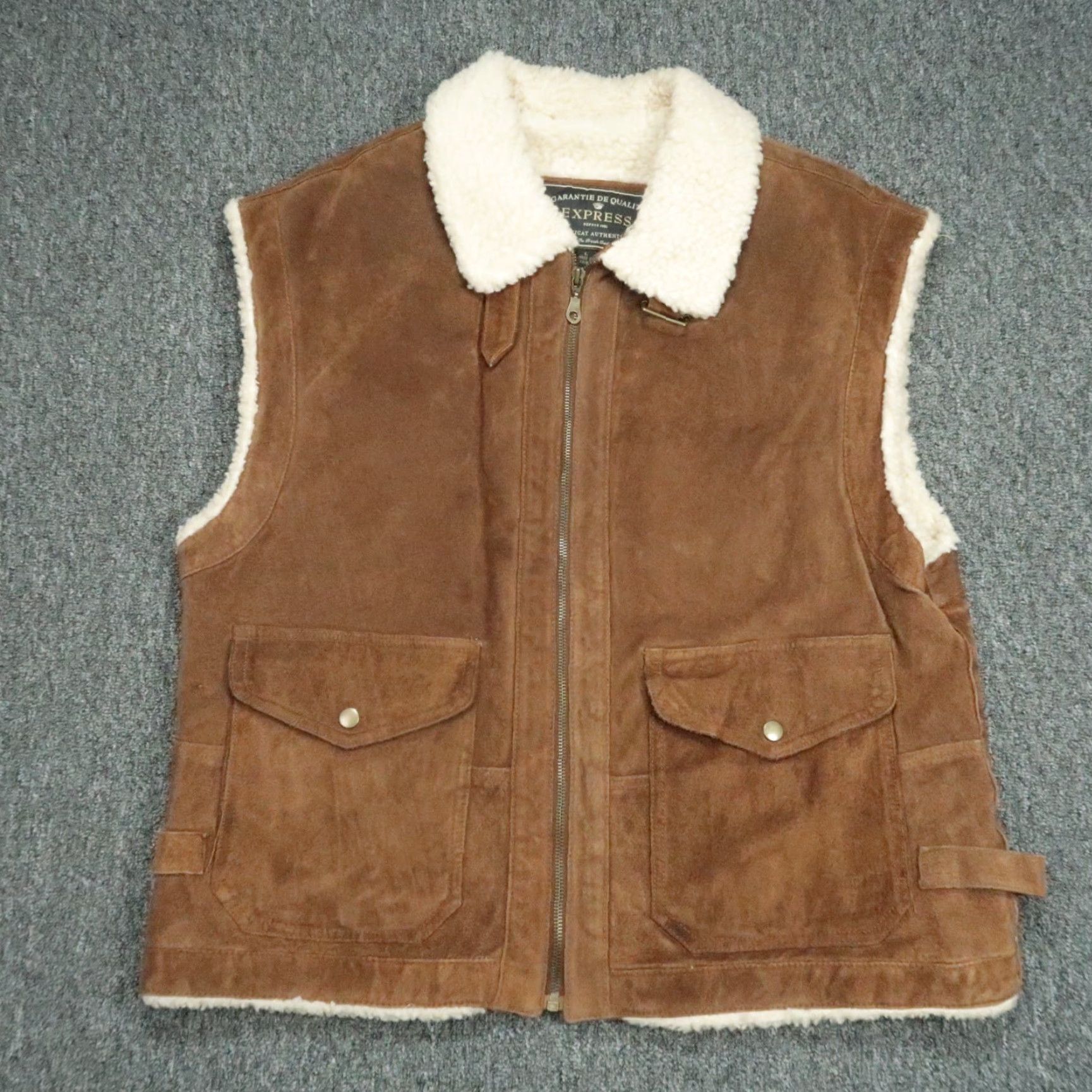 Express Express Vest Mens L Brown Pig Split Leather Suede Full Zip Sherpa Lined Size US L / EU 52-54 / 3 - 2 Thumbnail