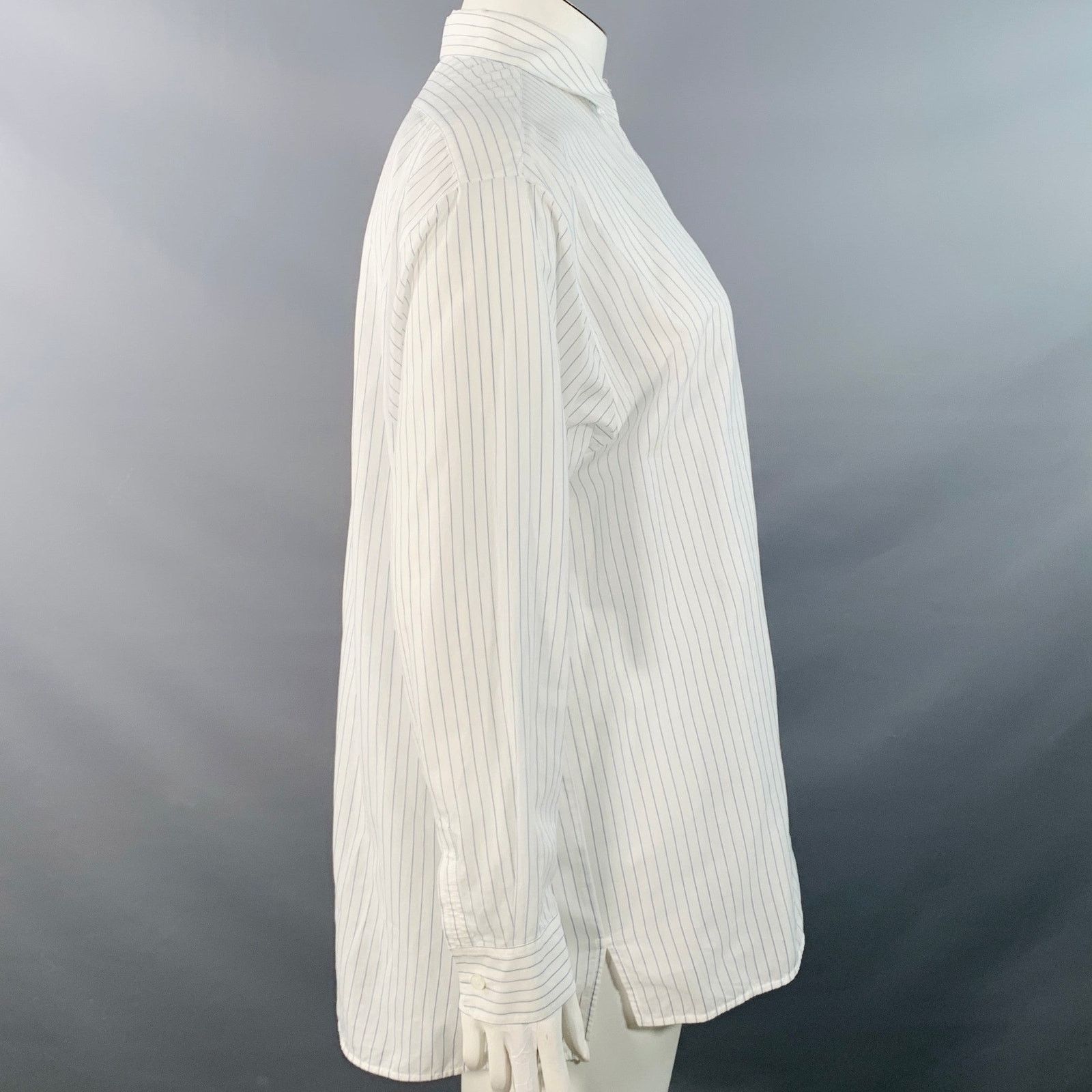 Size L White Blue Cotton Pinstripe Sheer Spread Collar Shirt