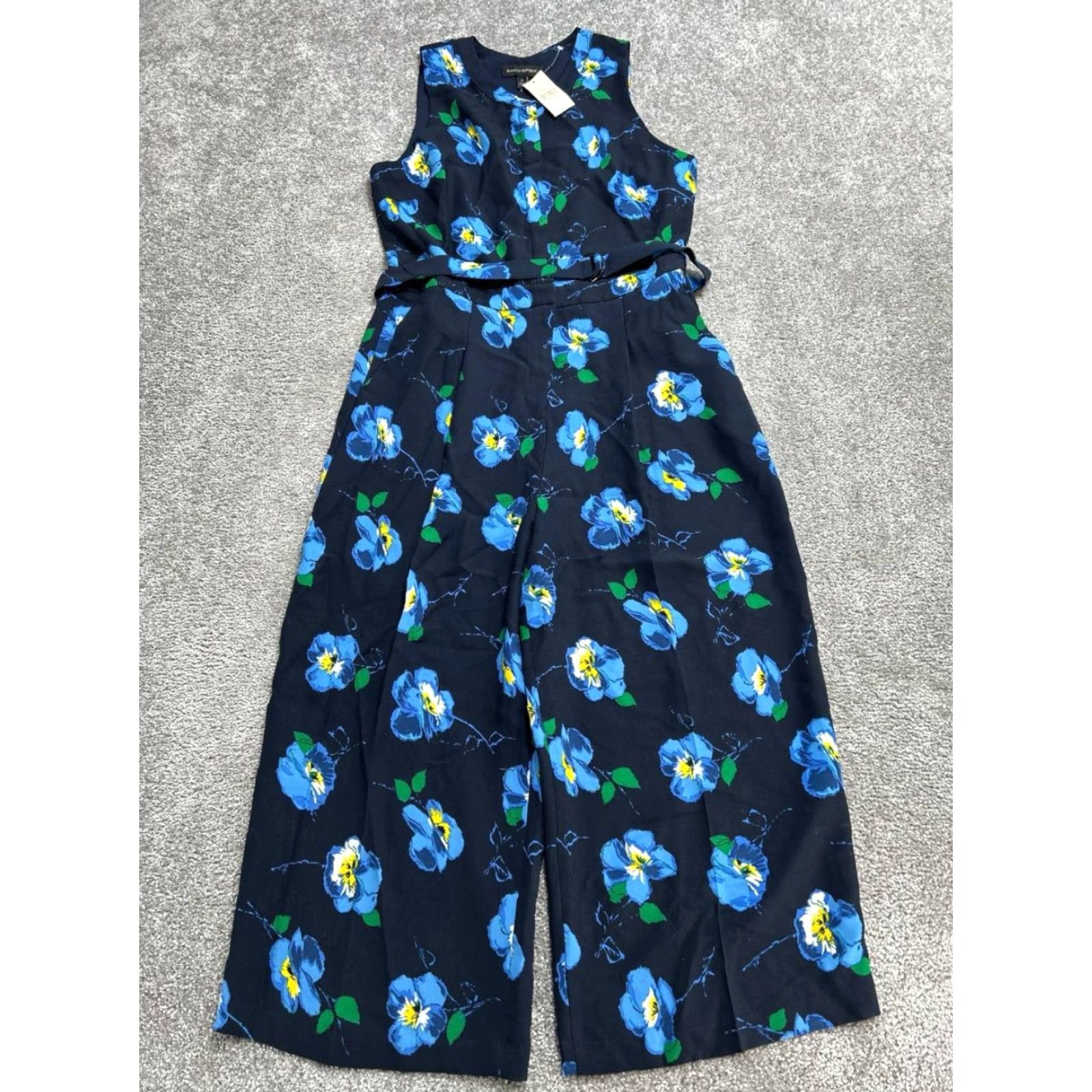 Banana Republic Banana Republic Jumpsuit Womens 6 Cropped Floral Blue Belted Wide-Leg V-Neck Sleeveless Casual Modern One-Piece Adult Regular Womens Size 28" / US 6 / IT 42 - 2 Thumbnail