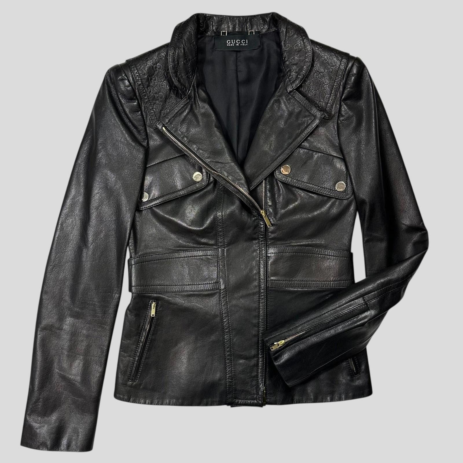 Gucci by Tom Ford 2003 GG Monogram Leather Belted Jacket 42