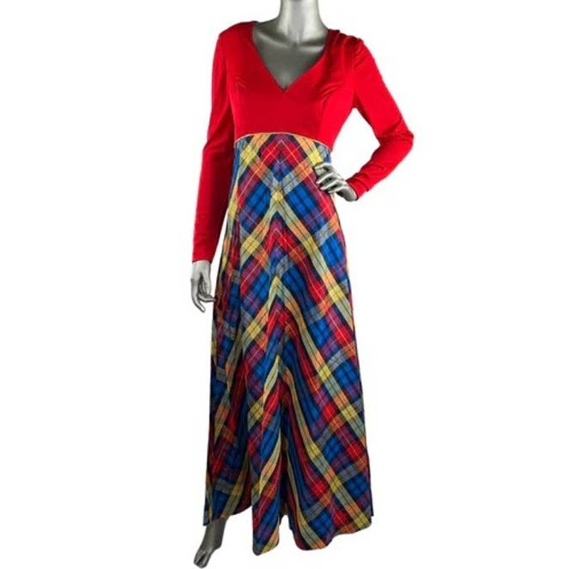 Vintage Vintage 1970s Primary Colored Gold Plaid Maxi Dress Medium ...