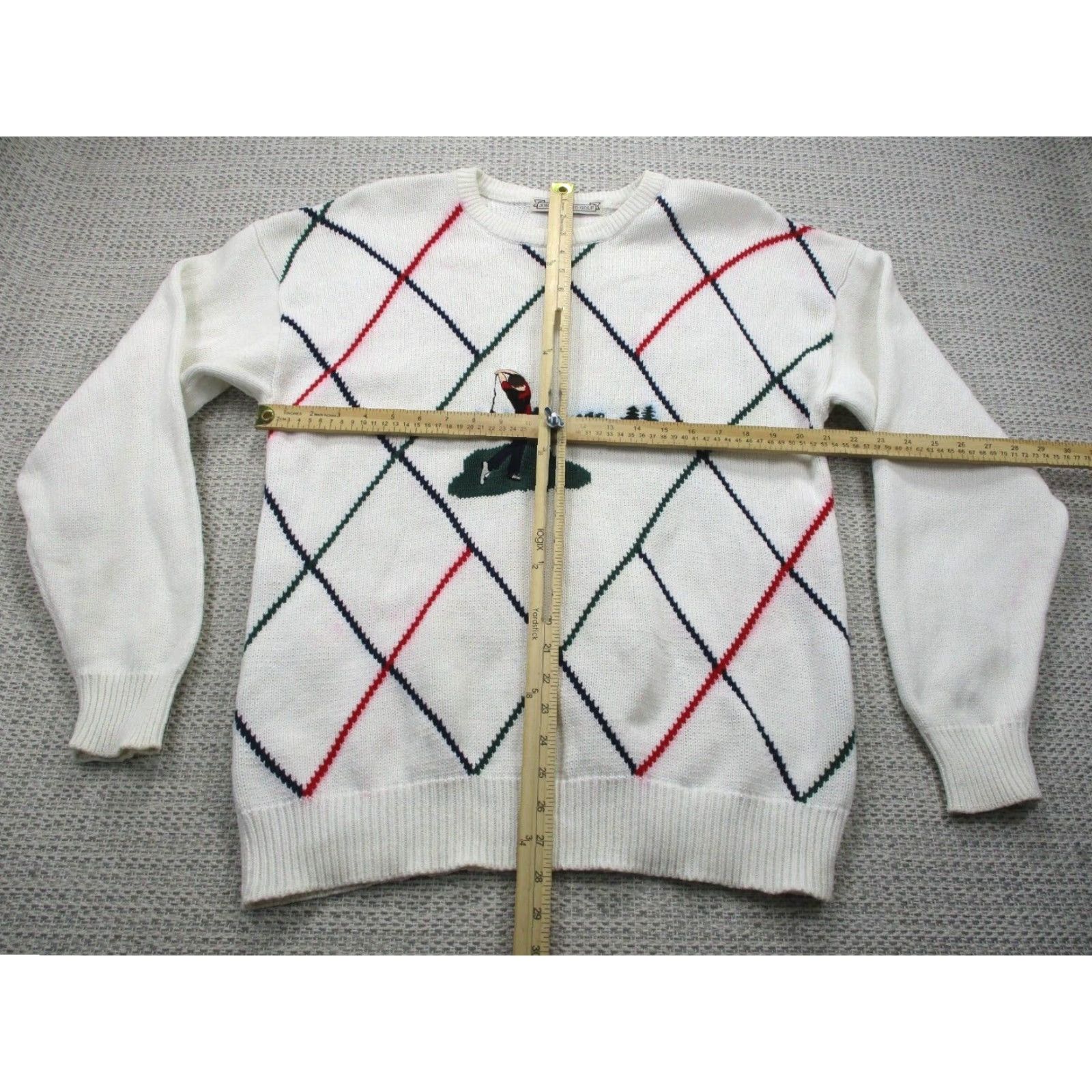 Etro VTG 90s John Ashford Golf Sweater Mens Regular Medium White Argyle Knit Pullover Crew Neck All Seasons Heavyweight ZIP? Size US M / EU 48-50 / 2 - 7 Thumbnail