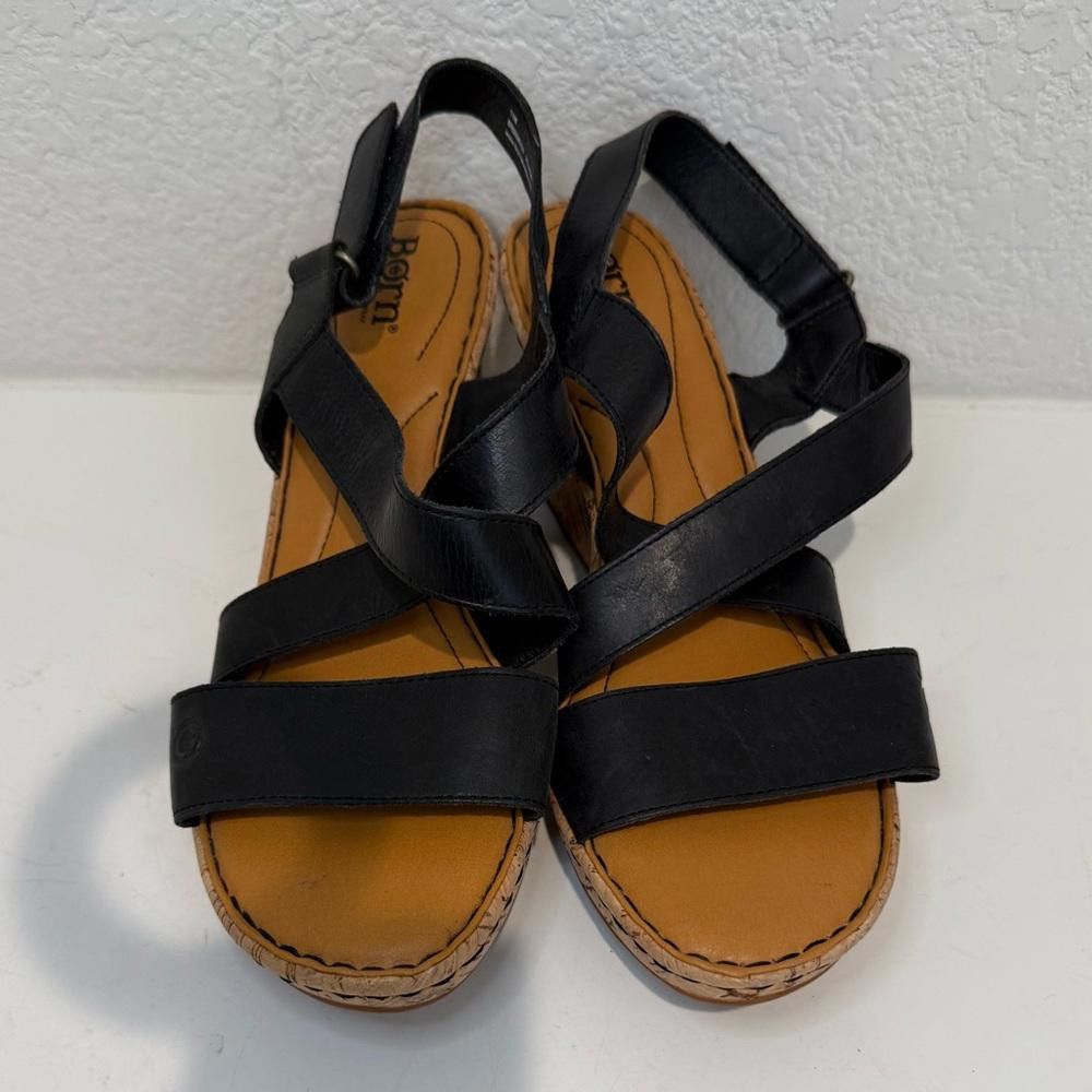 Born BORN Hyuro Cork Wedge Sandals Black Leather Size 11 Size US 11 / IT 41 - 2 Thumbnail