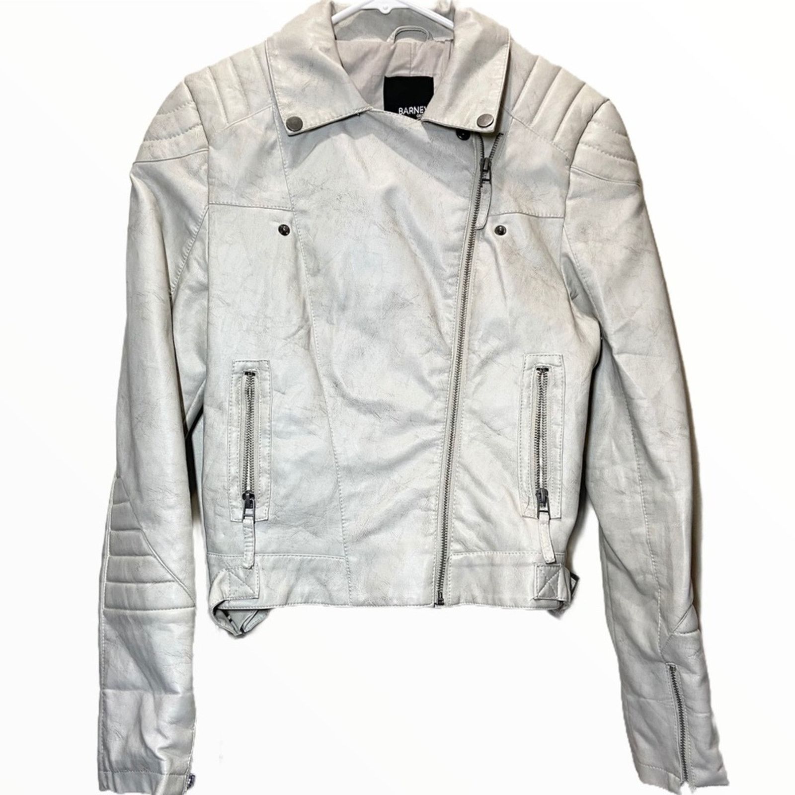 image of Barneys New York Barneys Originals 100% Leather Moto Jacket Marble Small in Grey, Women's