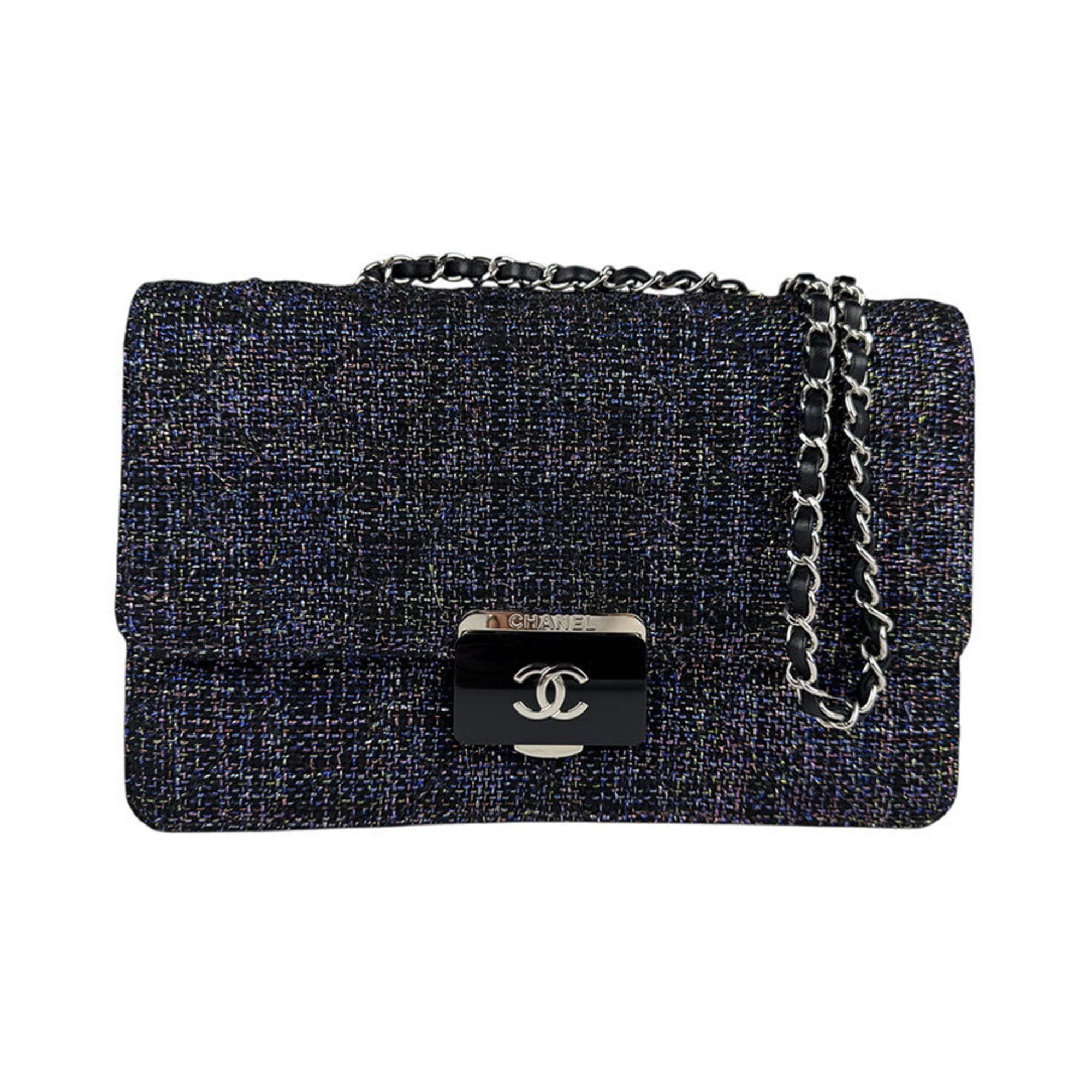 Chanel Shoulder Bag Tweed Leather Black Multicolor Silver Women's Z5395