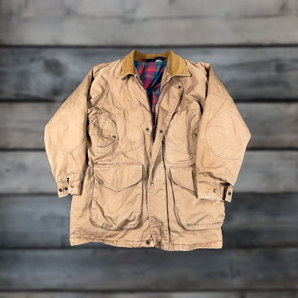 VINTAGE John Blair Parka Jacket Men's M Beige Quilted Lined Insulated Zip Cotton Corduroy Collar 90s Retro Hipster Casual