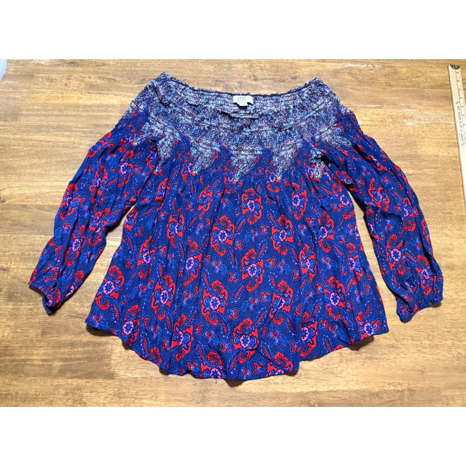 Vintage VINTAGE America Shirt Womens Large Blue Red Purple White Floral Off-shoulder Size L / US 10 / IT 46 - 2 Thumbnail