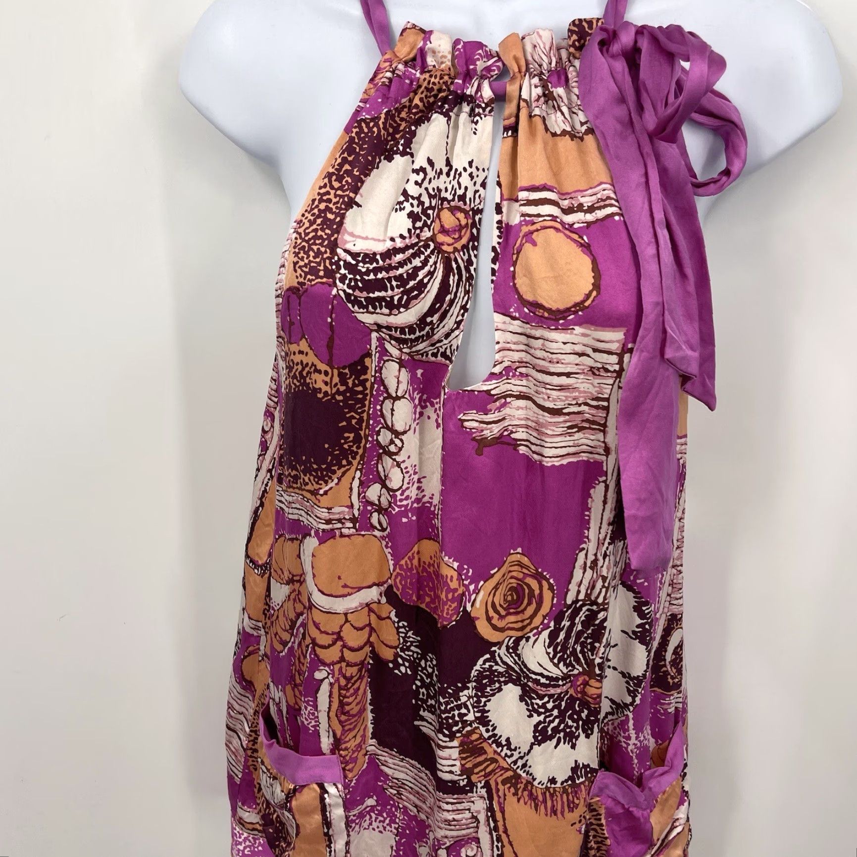 Vintage Hale Bob Silk Blouse Top Women XS Pink Floral Sleeveless Halter Tie Bohemian Retro Pockets Size XS / US 0-2 / IT 36-38 - 2 Thumbnail