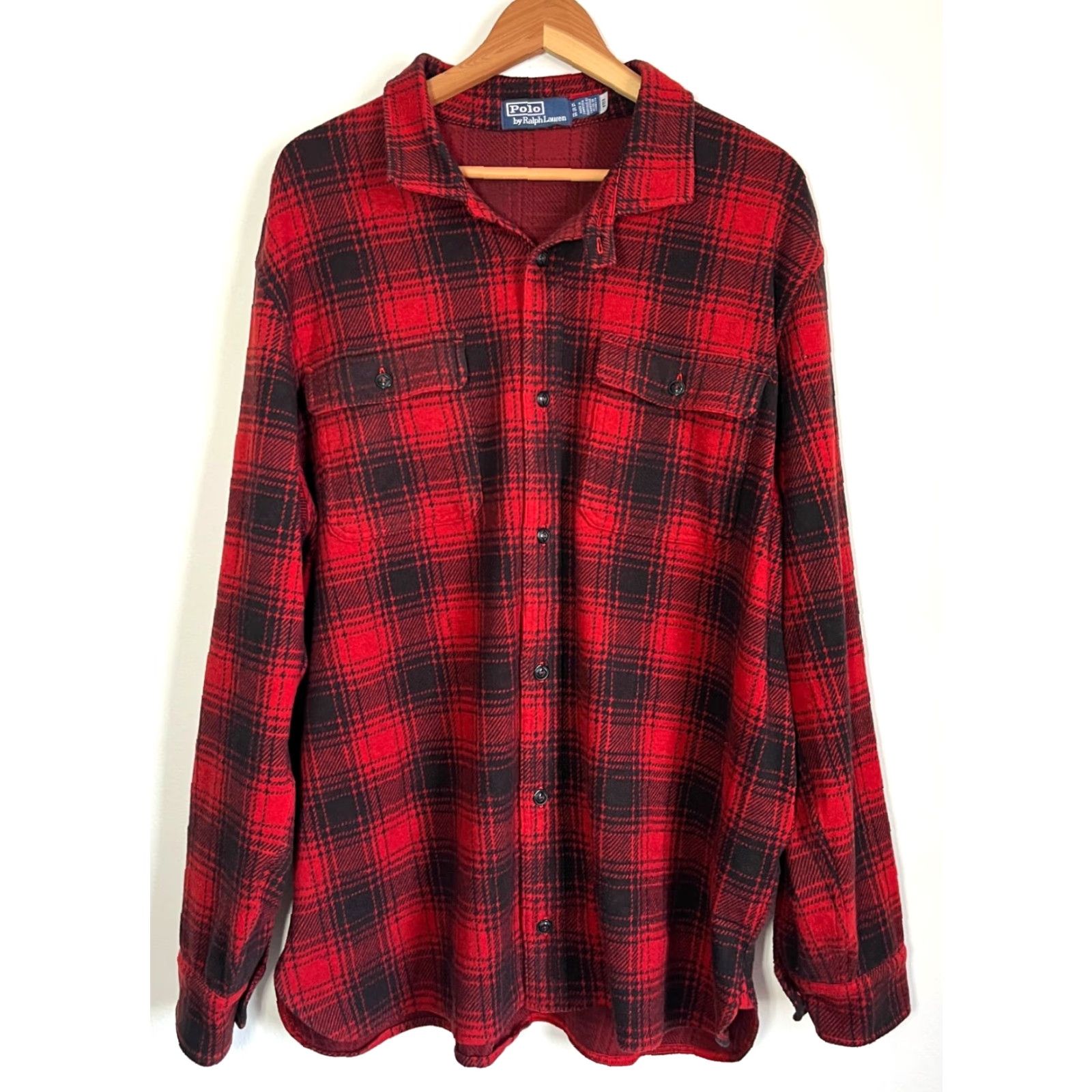 Polo Ralph Lauren Polo Ralph Lauren Men's Plaid Knit Flannel Workshirt XL Button-Up Casual, Classic Fit, Red, Black, Long Sleeve, Polyester Blend, Vintage/Americana Size US XL / EU 56 / 4 - 3 Thumbnail