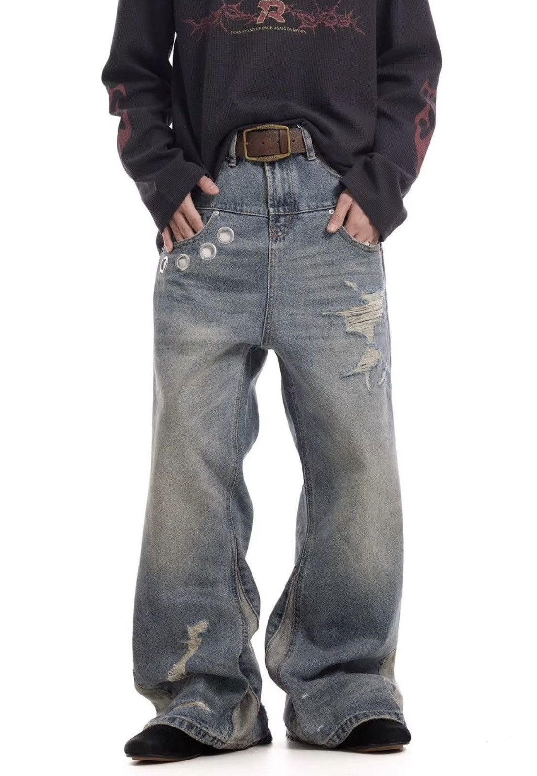 Jean Vintage Washed Distressed Splicing Flared Jeans Size US 30 / EU 46 - 2 Thumbnail