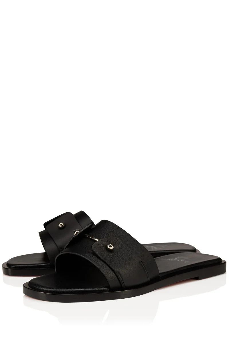 Christian Louboutin Chambelimule Donna Flat Black Calf Leather Slide Sandal 35 Size US 5 / IT 35 - 1 Thumbnail
