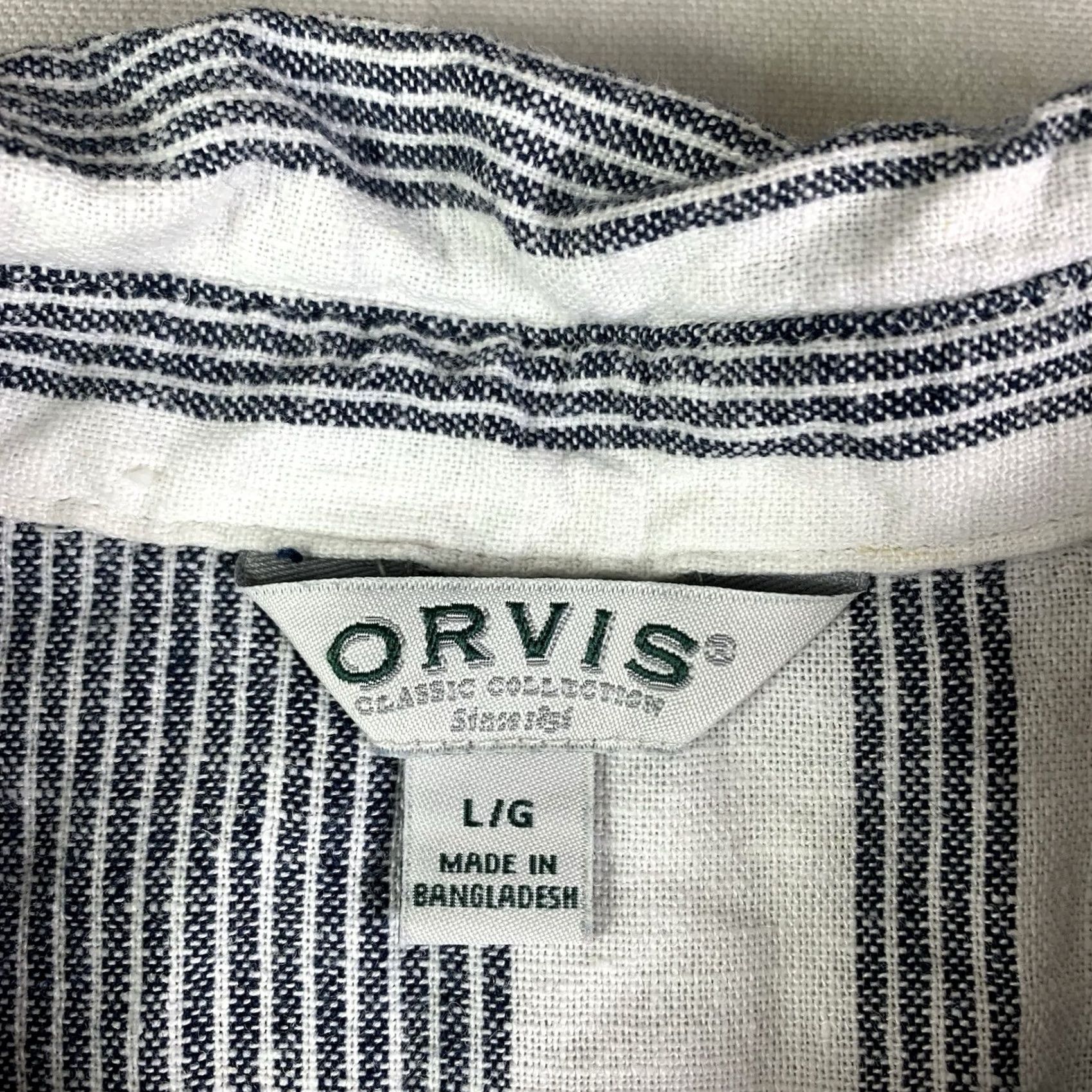 Orvis WOMENS Orvis Linen Blend Shirt L Blue White Stripe Button-Up Roll Tab Sleeves Regular Fit Casual Shirt Size L / US 10 / IT 46 - 2 Thumbnail